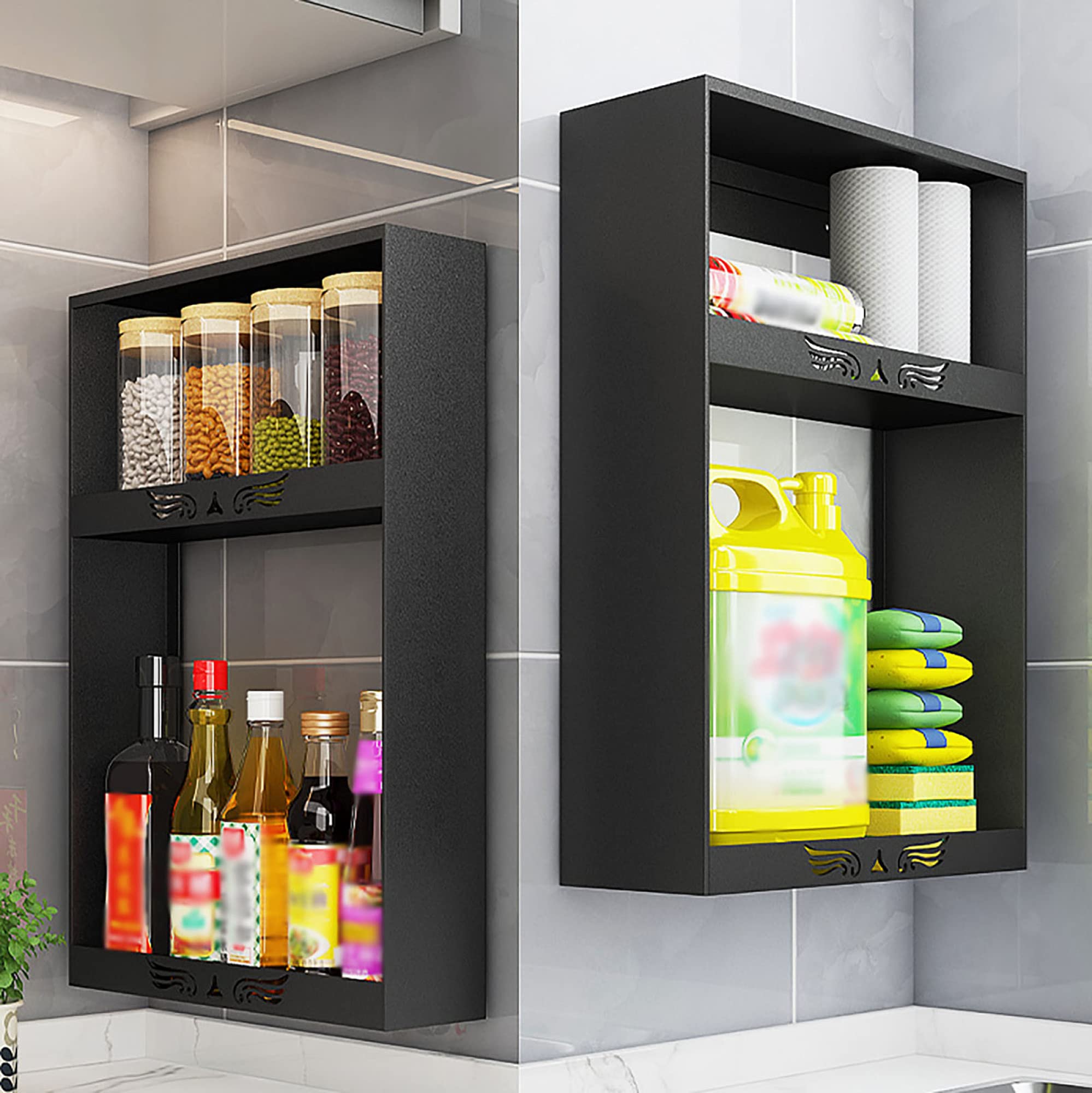 2 Pack Wall Mount Spice Rack Organizer - Black Hanging Kitchen Storage for Spice Jars & Herb Containers (12.5cm) - Perfect for Small Kitchens, Pantries & Countertop Organization