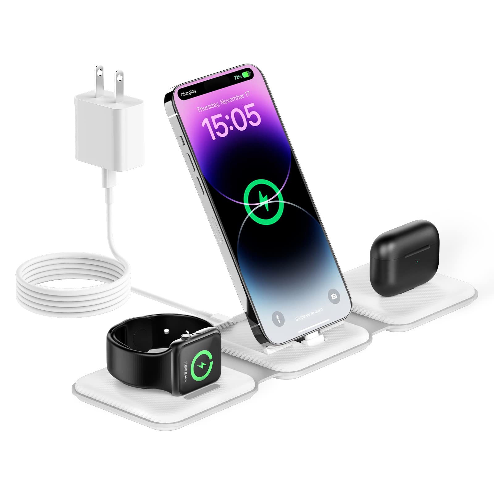 3-in-1 Foldable Wireless Charging Station for iPhone 14/13/12/11/Pro/XS/XR, Apple Watch Series 7/6/5/4/3/2 & AirPods Pro/3/2 - Fast Qi Wireless Charger with Nightstand Mode for Bedroom, Office and Travel