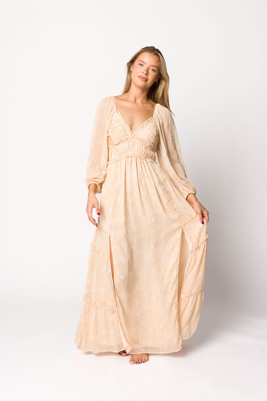 Daphne Long Sleeve Maxi Dress - Light Beige/White Floral Print | Bump Friendly Maternity & Inclusive Sizing (XS-3XL) | Perfect for Pregnancy, Weddings & Special Occasions