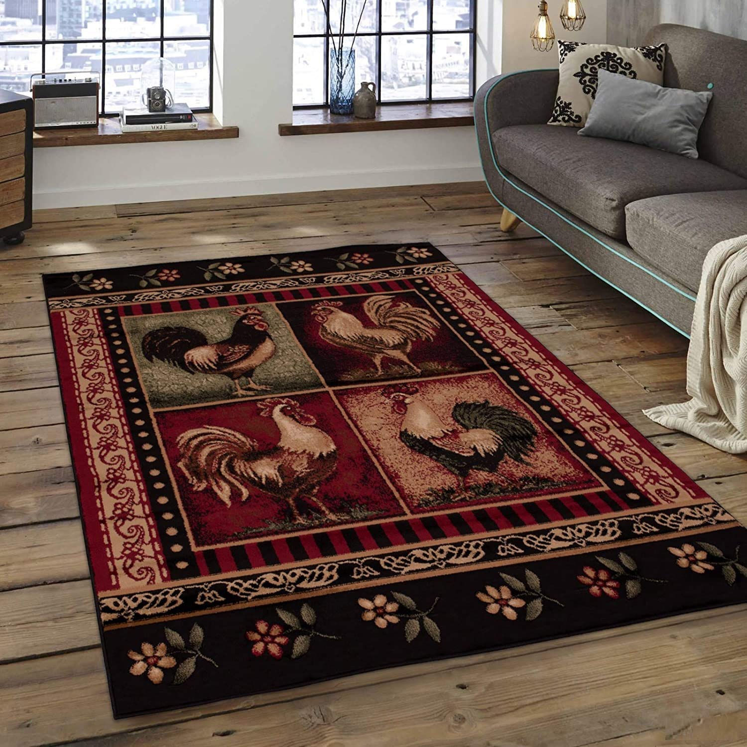 French Country Rooster Chicken Accent Rug - Farmhouse Kitchen Decor, Non-Slip 7’8”x10’8” Area Rug for Dining Room, Laundry Room & Entryway - Vintage Style Washable Floor Mat