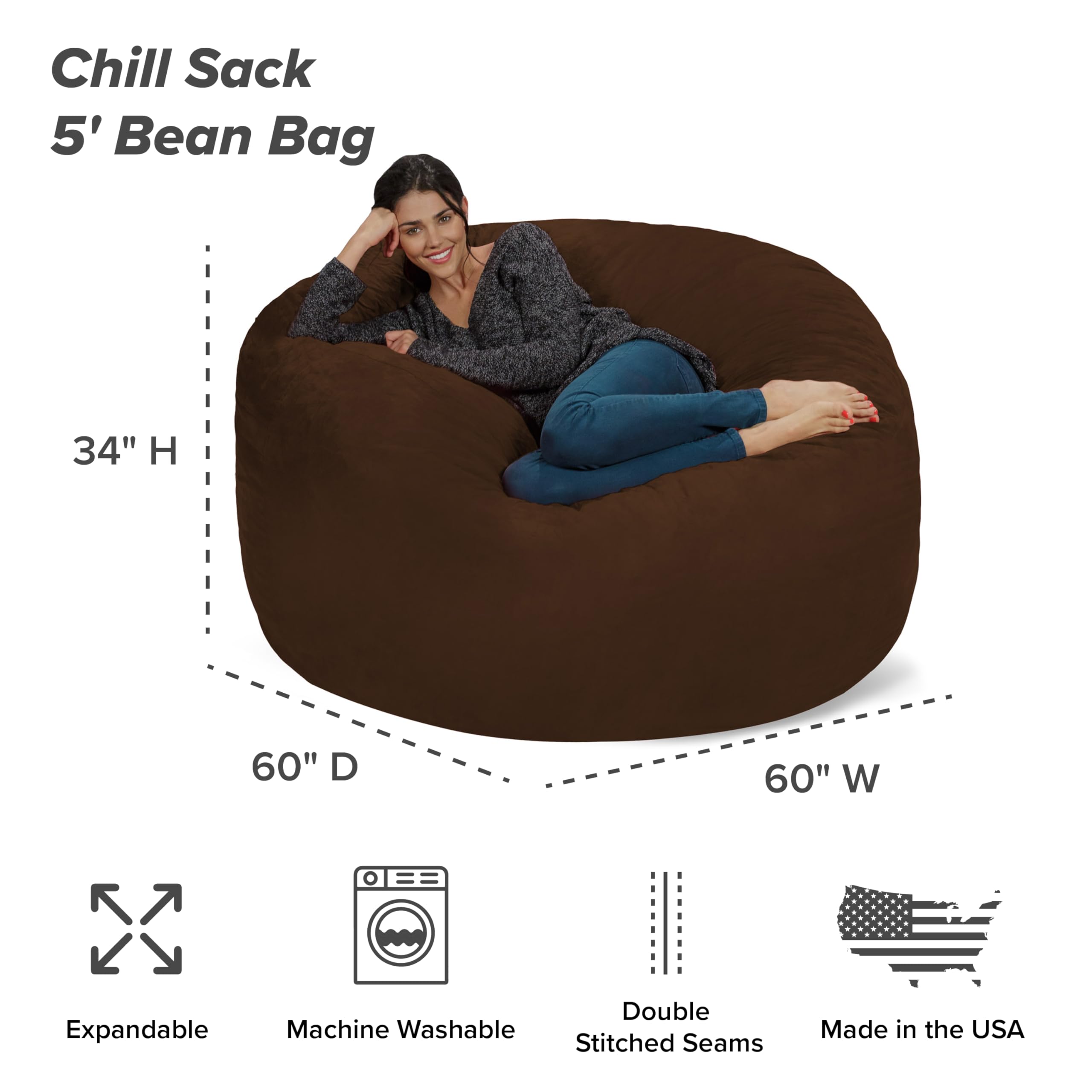Chill Sack Bean Bag Chair - Giant 5' Memory Foam Bean Bag Sofa with Soft Microfiber Cover in Cocoa Brown | Perfect for Living Room, Game Room, Dorm & Relaxation