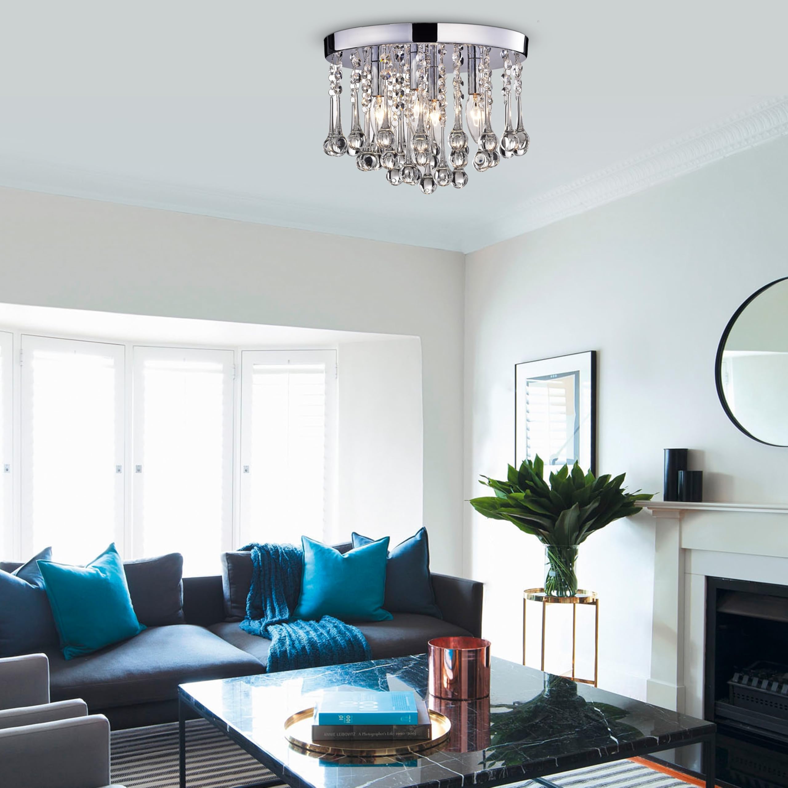 Scelene Chrome Iron and Crystal 4-Light Flush Mount Ceiling Light Fixture - Modern Elegant Lighting for Bedroom, Living Room, or Dining Room