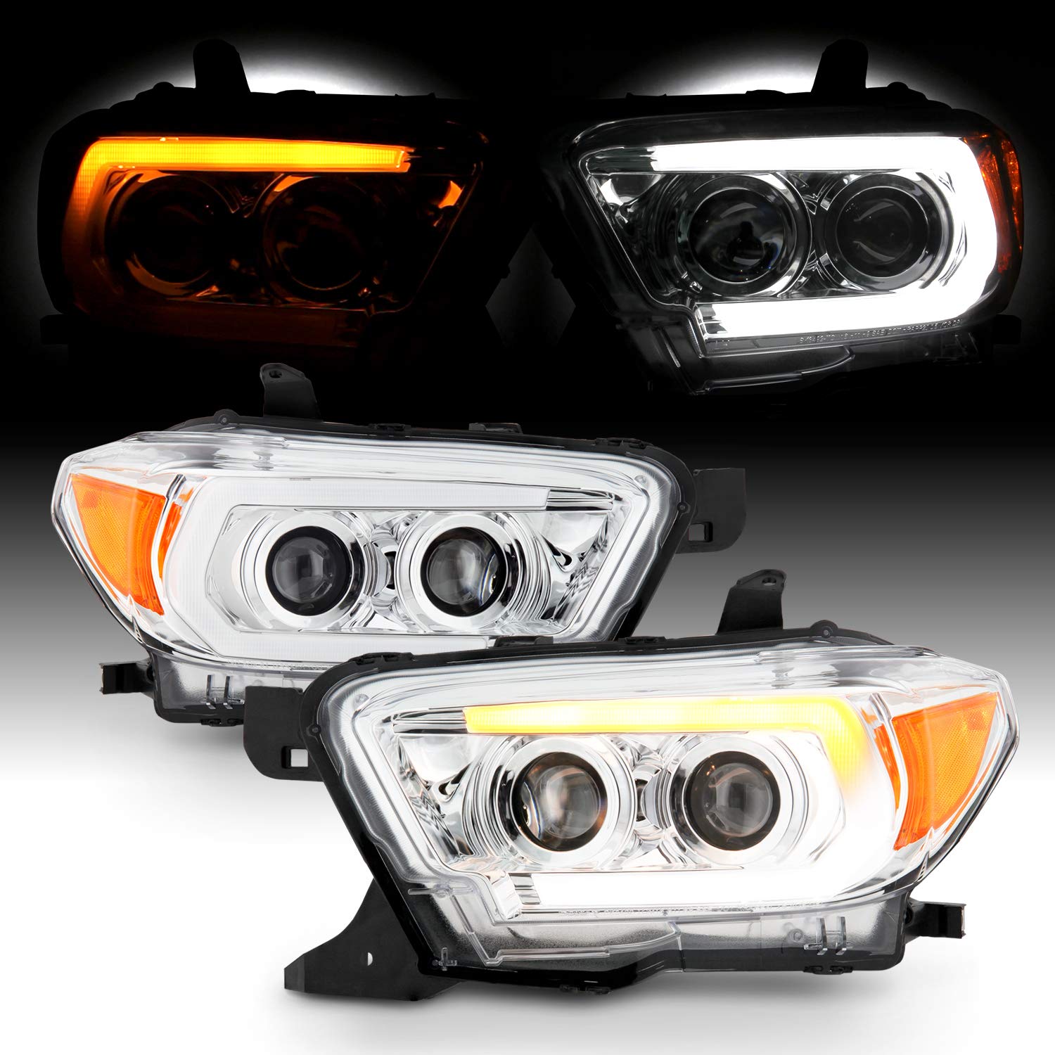 AKKON LED DRL Projector Headlights for 2016-2022 Toyota Tacoma TRD - C-Tube Design with Sequential Turn Signal & Chrome Finish - Upgrade Your Truck's Style & Visibility for Night Driving & Off-Road Adventures