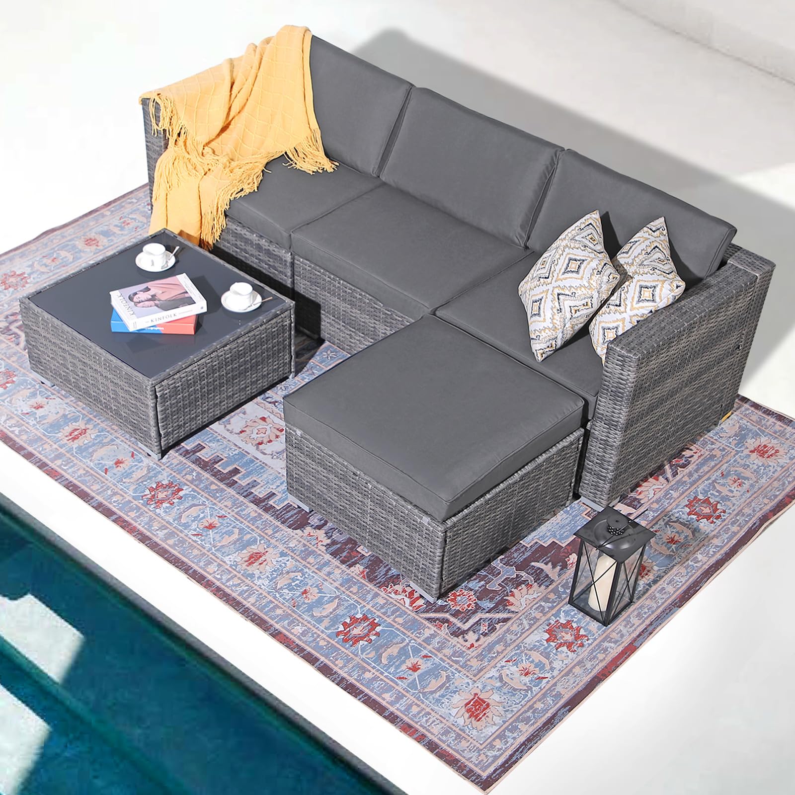 Patiorama 5-Piece Outdoor Patio Furniture Set - All-Weather Grey PE Wicker Sectional with Dark Grey Cushions - Perfect for Backyard, Porch, Garden, Poolside & Balcony - Durable Outdoor Conversation Set for Relaxing & Entertaining