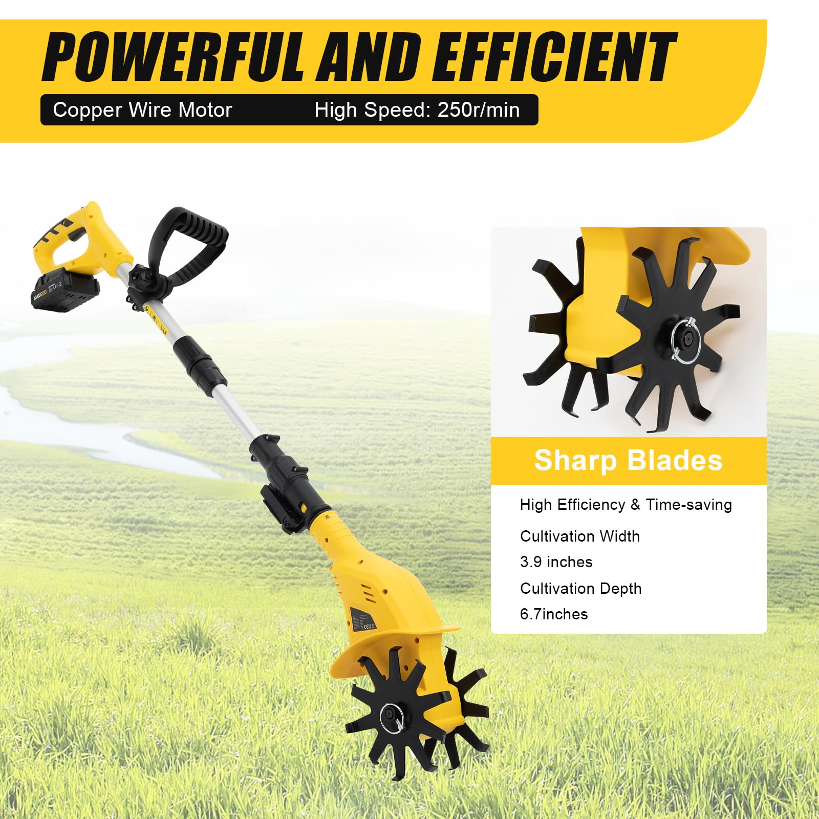 Cordless Electric Tiller Cultivator - 3.9In Wide & 6.7In Deep Garden Rototiller for Lawn, Gardening & Soil Cultivation | Perfect for Home Gardens, Flower Beds & Vegetable Patches