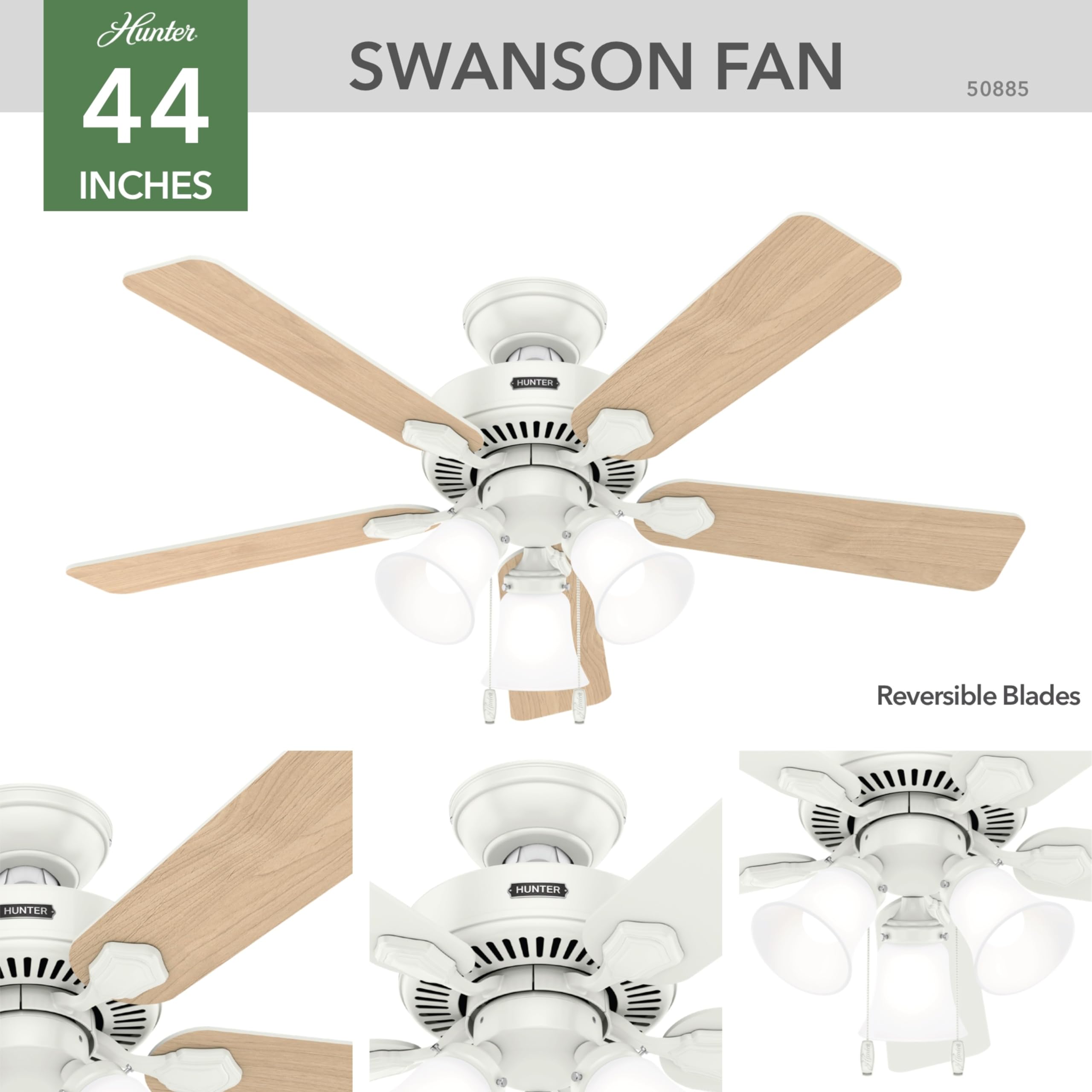 Hunter 50885 Swanson 44-Inch Fresh White Ceiling Fan with Light - Perfect for Living Room, Bedroom, and Indoor Spaces