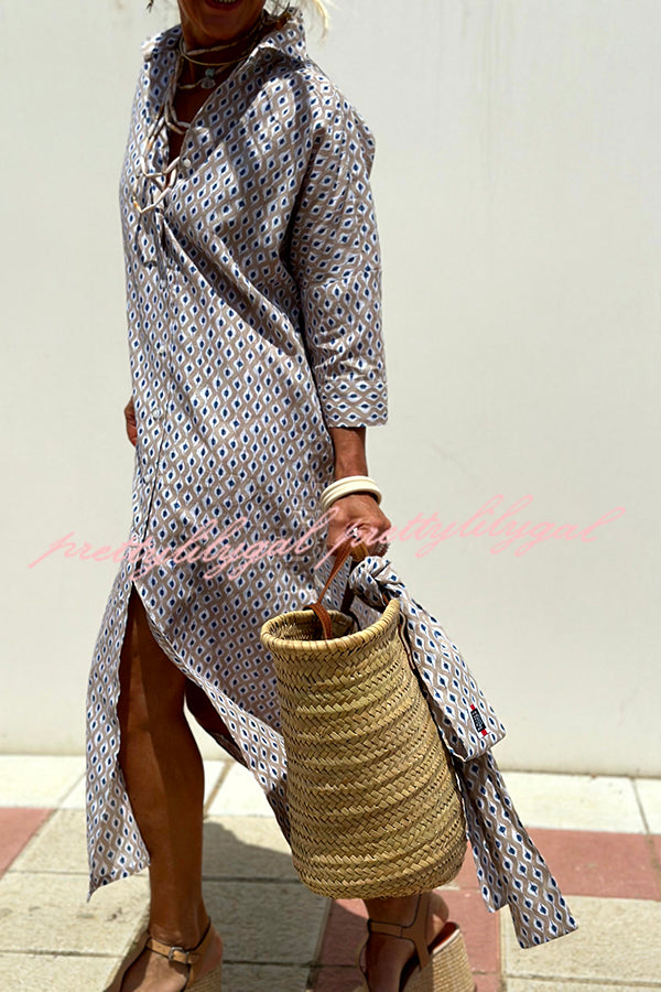 Summer Splendor Printed Button Half Sleeve Belt Loose Shirt Midi Dress - Flowy Boho Chic Outfit for Beach Vacation, Date Night & Casual Wear