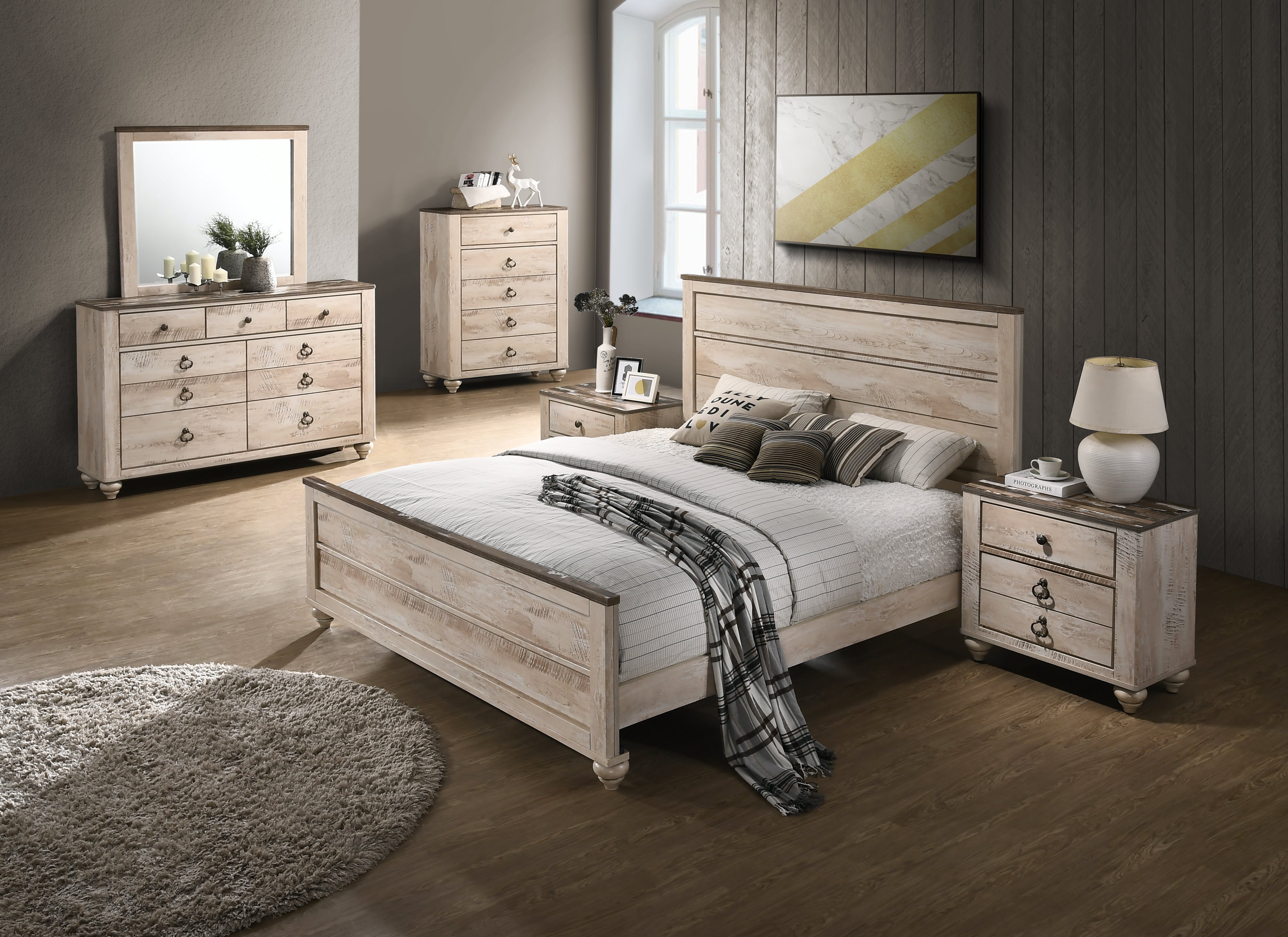 Imerland Contemporary White Wash Finish Panel Bed - Queen Size Modern Farmhouse Bed Frame with Solid Wood Headboard for Bedroom Decor