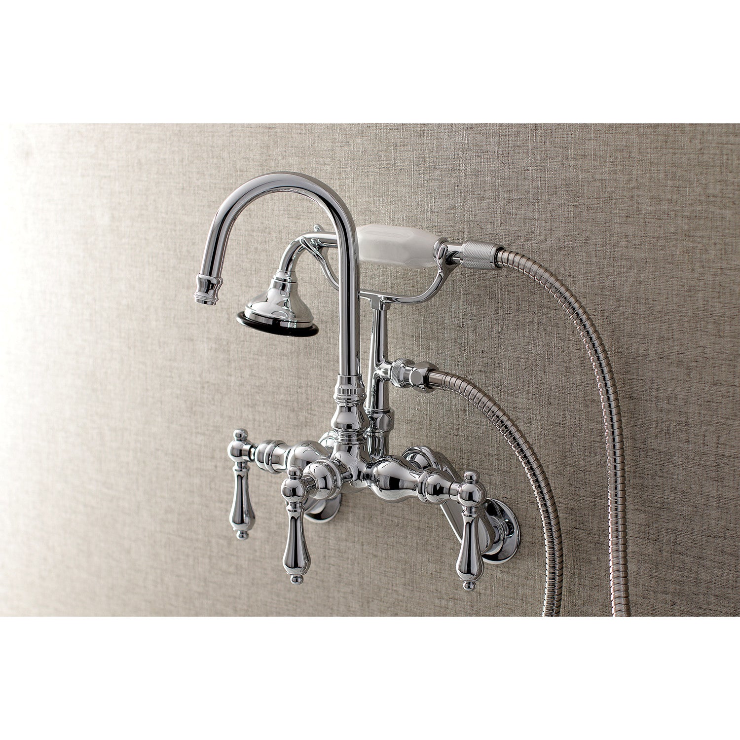 Vintage Style 3-Handle Wall Mount Clawfoot Bathtub Faucet with Hand Shower - Polished Chrome Finish - Perfect for Antique Bathroom Renovations and Luxury Spa Retreats
