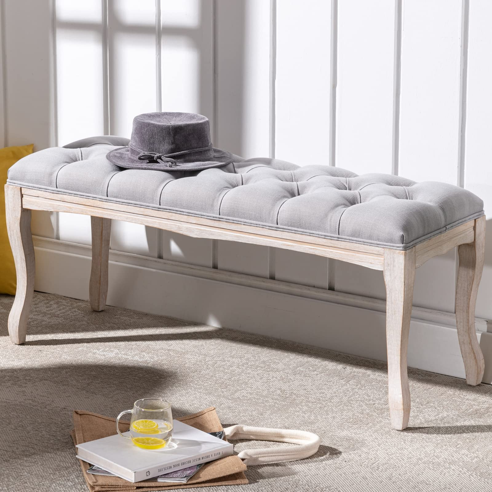 Farmhouse Tufted Upholstered Bench - Grey Fabric for Bedroom, Living Room & Entryway