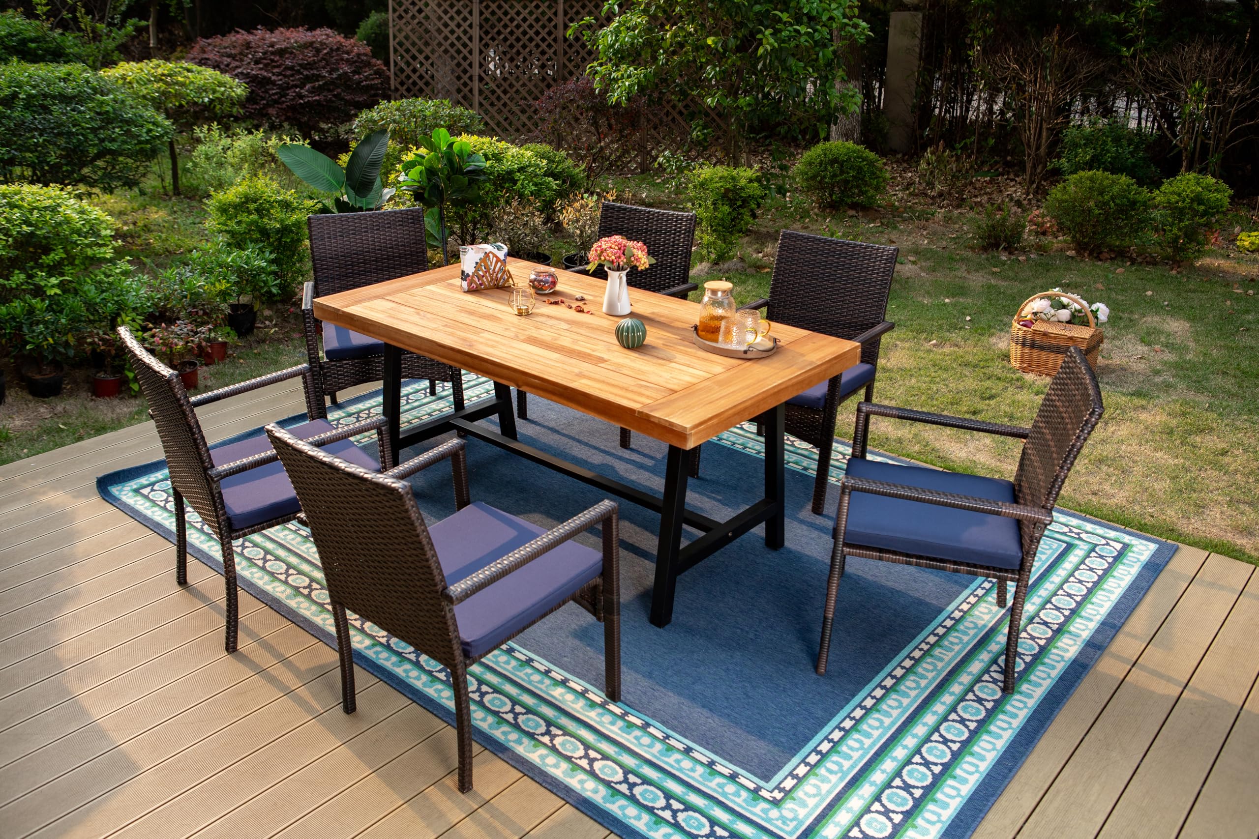 MFSTUDIO 7-Piece Acacia Wood Outdoor Dining Set - Rectangular Table & 6 Wicker Chairs, Brown Rattan Patio Furniture for Garden, Backyard, Poolside & BBQ Gatherings