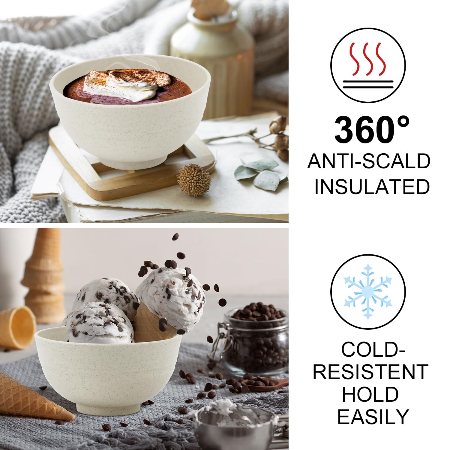 Eco-Friendly Wheat Straw Dessert Bowls Set of 8 (10oz) - Unbreakable Kids Snack Bowls for Ice Cream, Fruits & Appetizers - Microwave & Dishwasher Safe Mini Bowls - Beige - Perfect for Family Gatherings, Kids Parties & Healthy Snacking