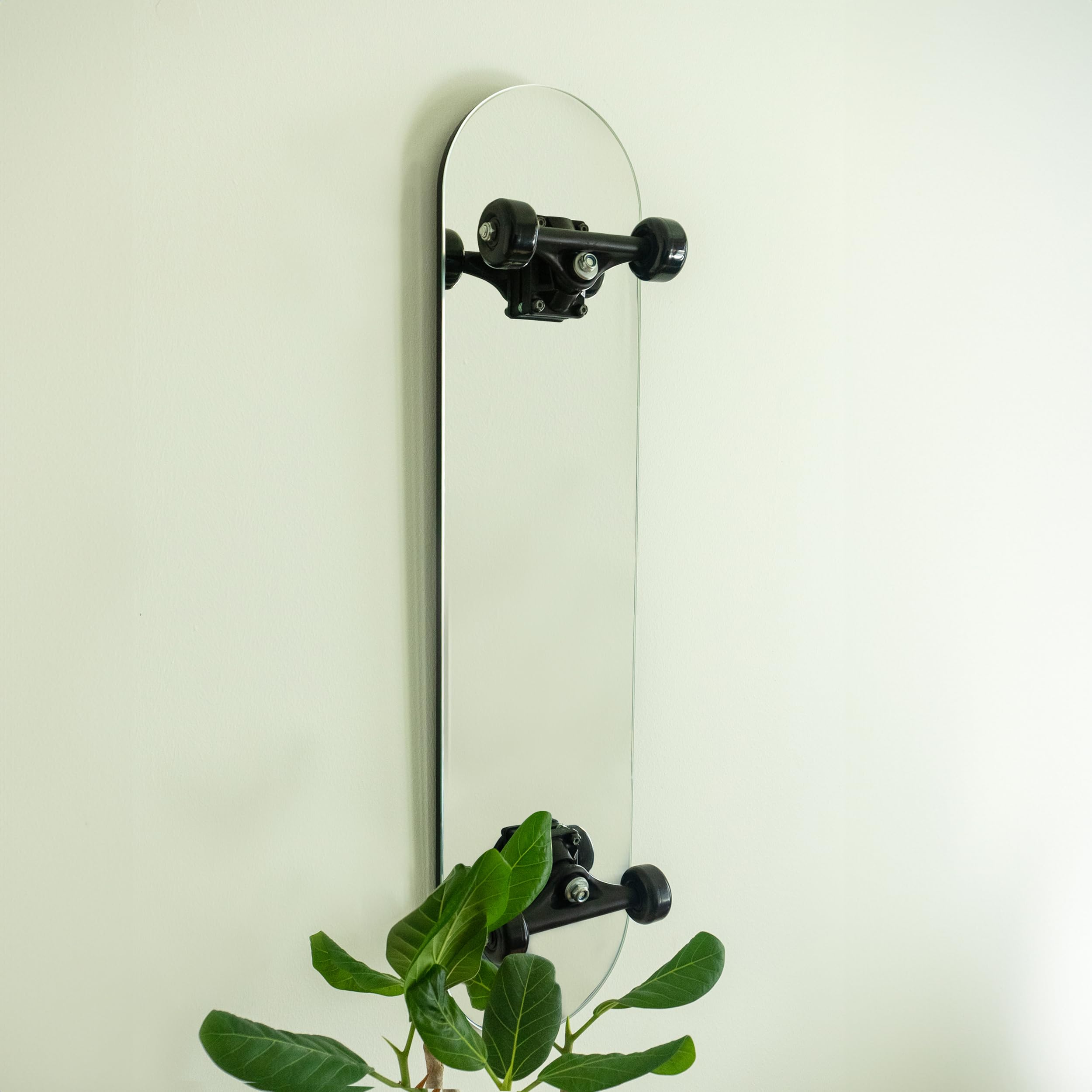 Skateboard Wall Mirror - Stainless Steel with Real Trucks & Wheels - Silver Tree Bar Design for Bedroom, Living Room & Skate Shop Decor
