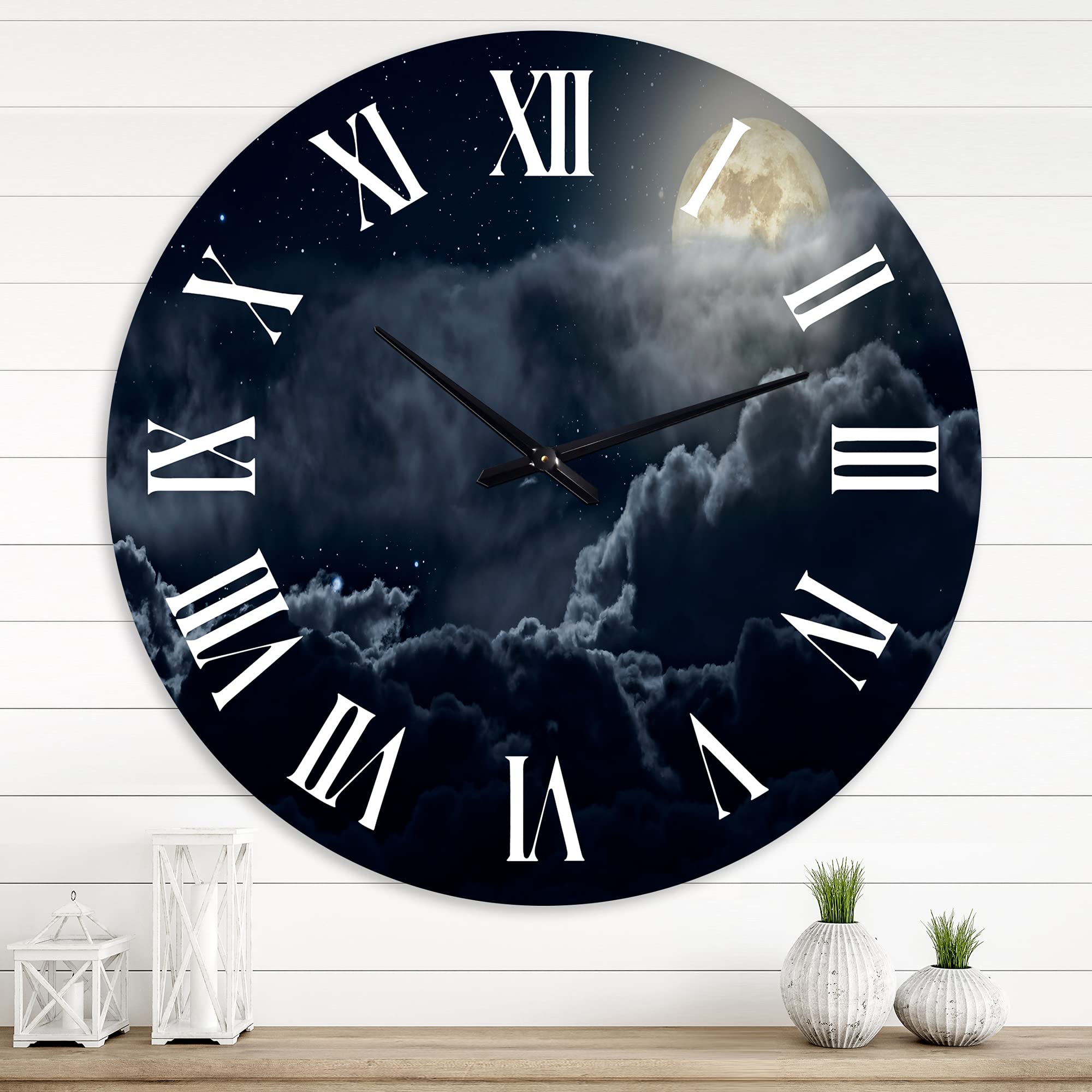 Large Nautical Coastal Wall Clock - Cloudy Full Moon Night Astrology Design for Home & Office Decor | Perfect for Beach House, Living Room, Bedroom
