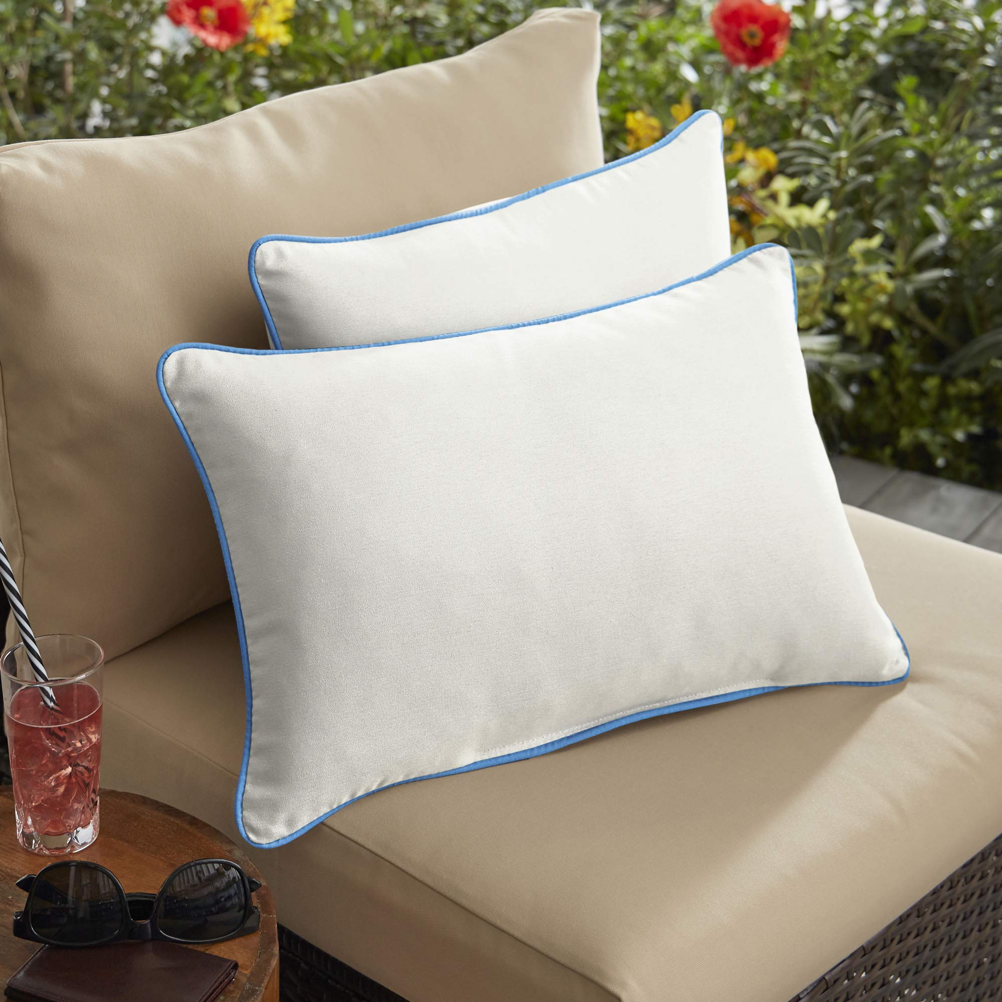 Set of 2 13x20 Inch Natural White & Capri Blue Canvas Outdoor Lumbar Pillows - Waterproof & Durable for Patio, Poolside, and Garden Furniture Decor
