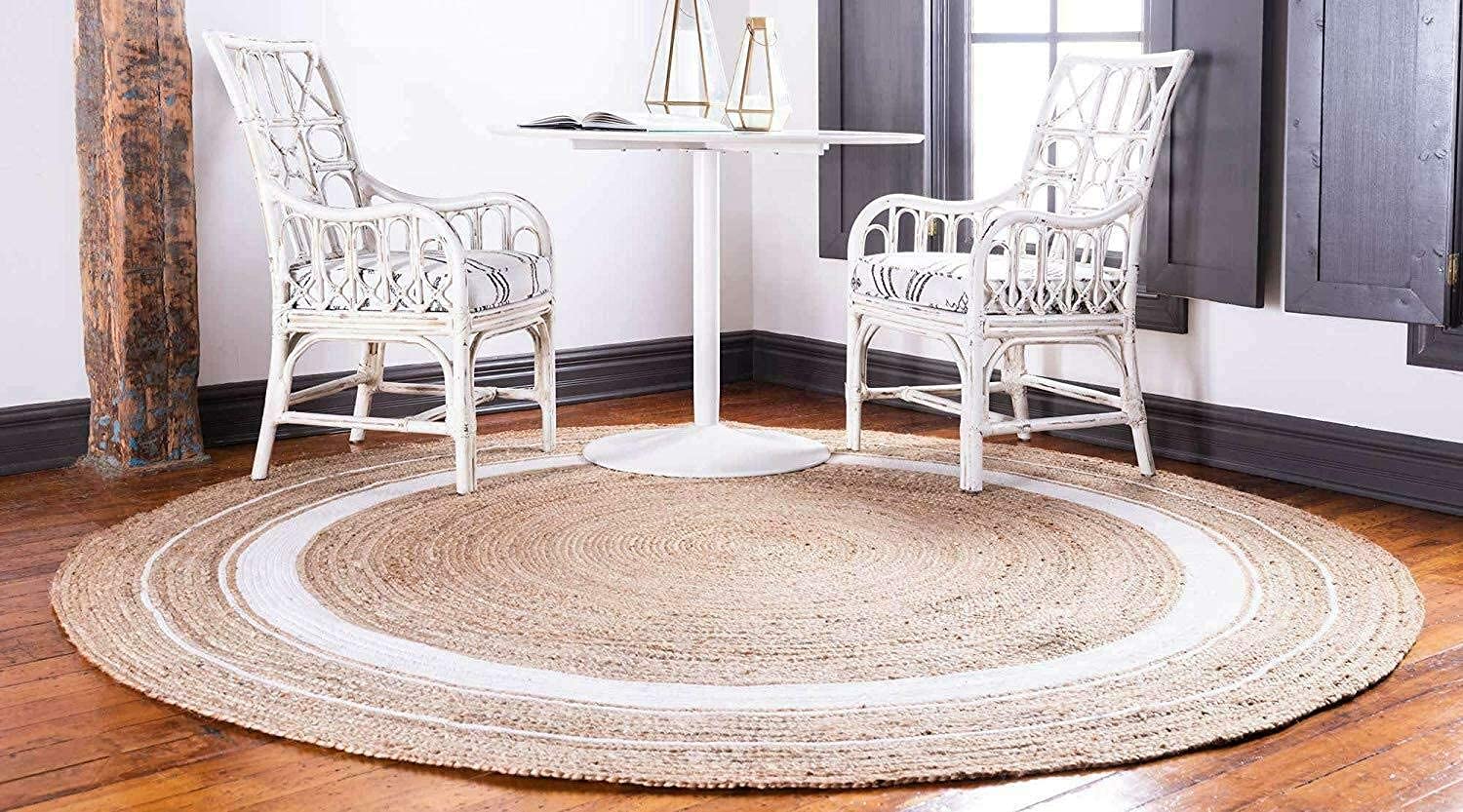 Handwoven Jute Area Rug - Natural Fiber Round Braided Rug for Bedroom, Kitchen, Living Room & Farmhouse Decor (9x9 Feet, White Border) | Soft & Durable Floor Mat for Home, Office & Yoga Space