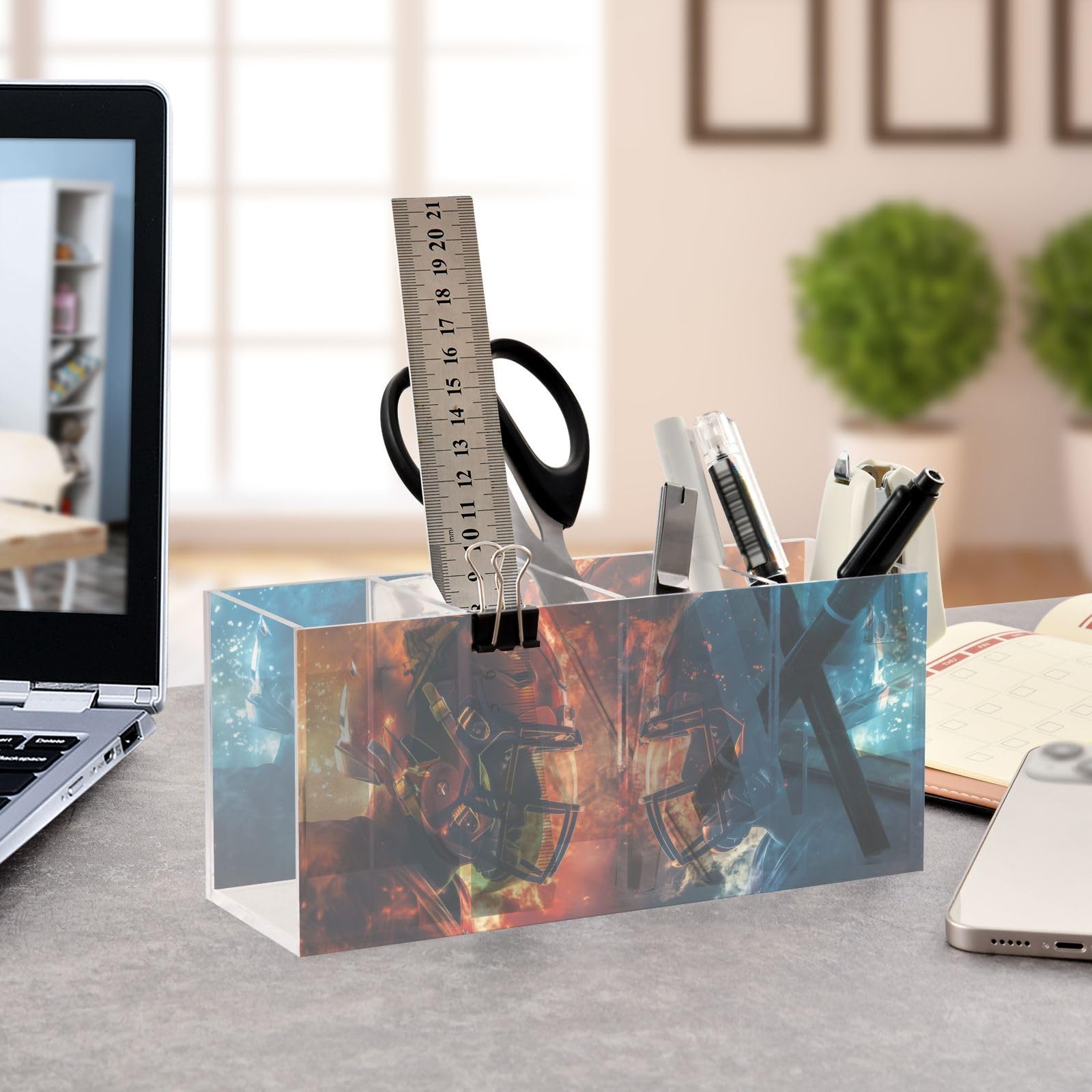 PDZRMY Rugby Player Themed Acrylic Pen Holder - 4 Compartments Desk Organizer for Pens, Pencils, Hair Brushes & Utensils - Red & Blue Personalized Pattern - Perfect for Office, School & Home Organization