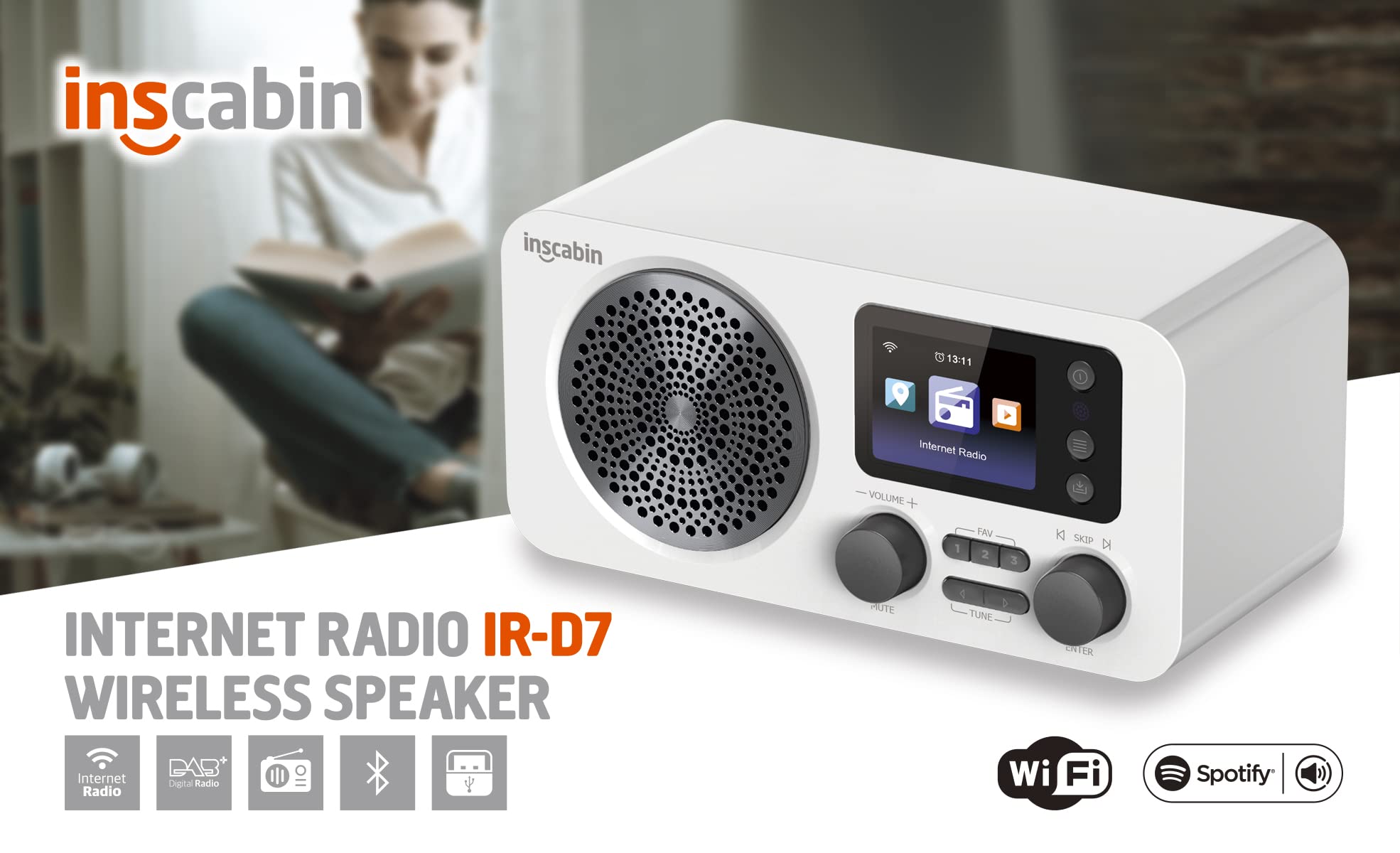 Inscabin D7 Internet DAB/DAB+ Digital Radio with Spotify Connect & Bluetooth - Wireless Streaming for Home, Office, Kitchen, Bedroom (White)