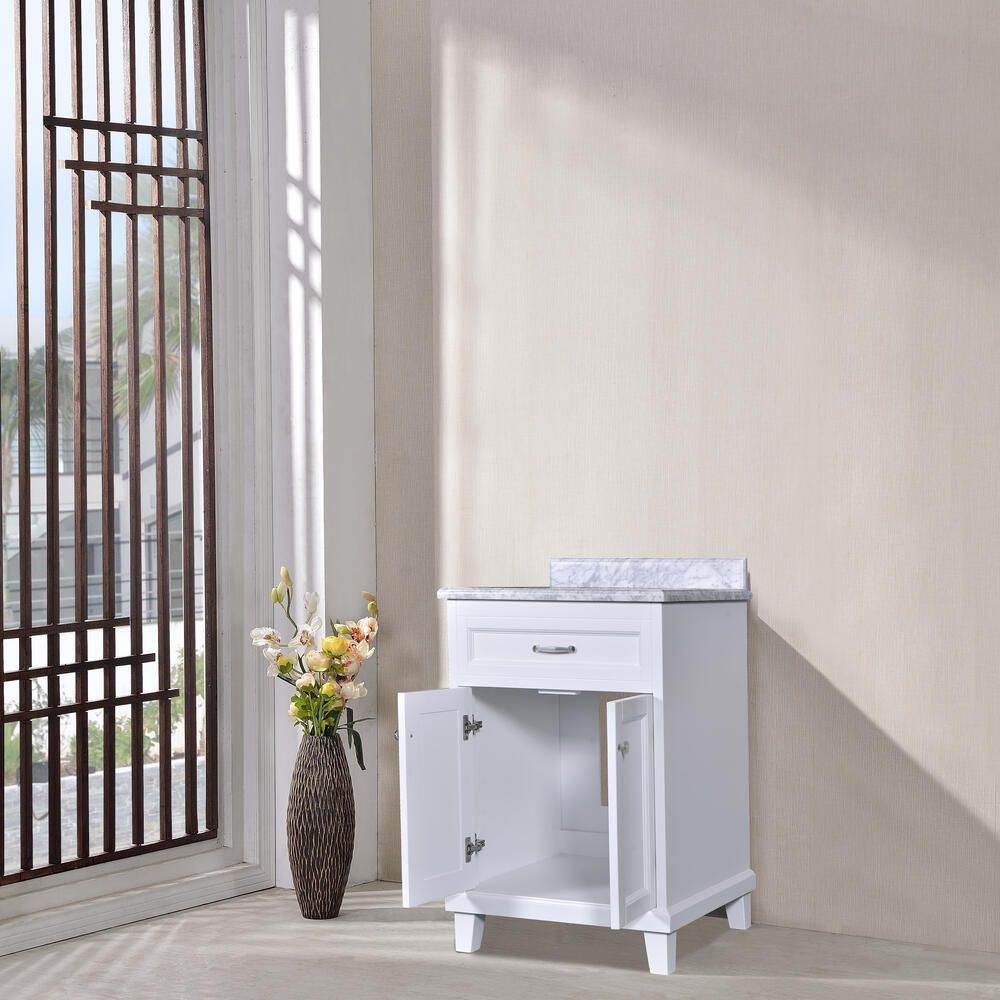 White Bathroom Vanity with Solid Wood Frame & Carrara Marble Top - 3 Size Options for Modern Bathroom Decor | Perfect for Master Bath, Guest Bath & Small Space Remodeling