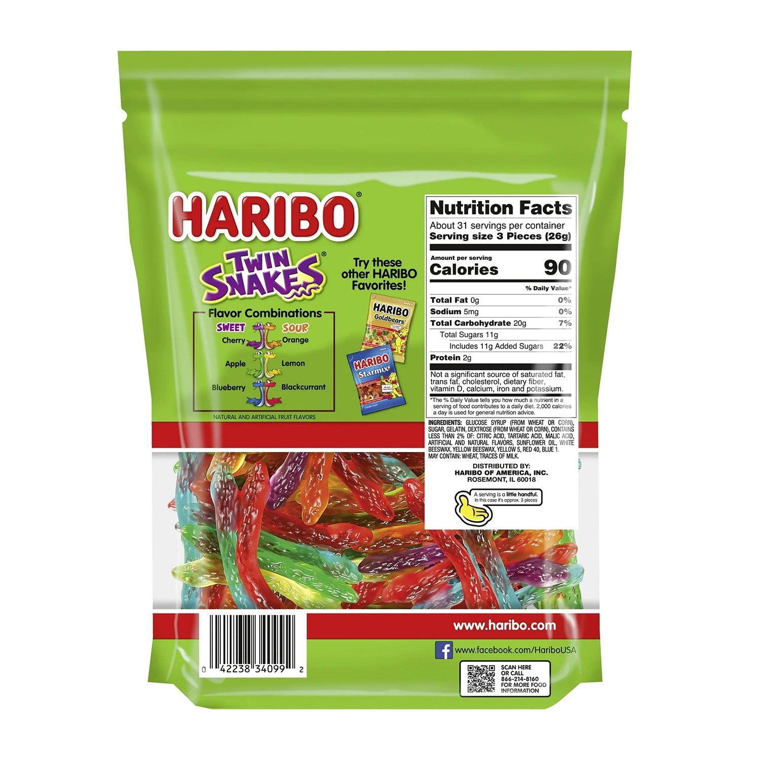 Haribo Twin Snakes Gummy Candy - 28.8oz Party Size Bag | Sour & Sweet Chewy Snakes | Perfect for Halloween Treats, Birthday Parties & Movie Night Snacks
