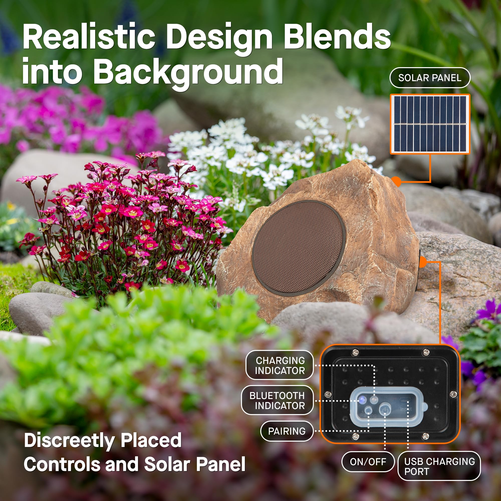 Homewell Solar Rock Speakers - Outdoor Waterproof Bluetooth Wireless Speakers - Weatherproof Landscape Rock Speakers for Pool, Patio, Deck, Backyard, Garden - Perfect for Outdoor Parties, BBQs, and Relaxing in Nature (2-Pack, Brown)