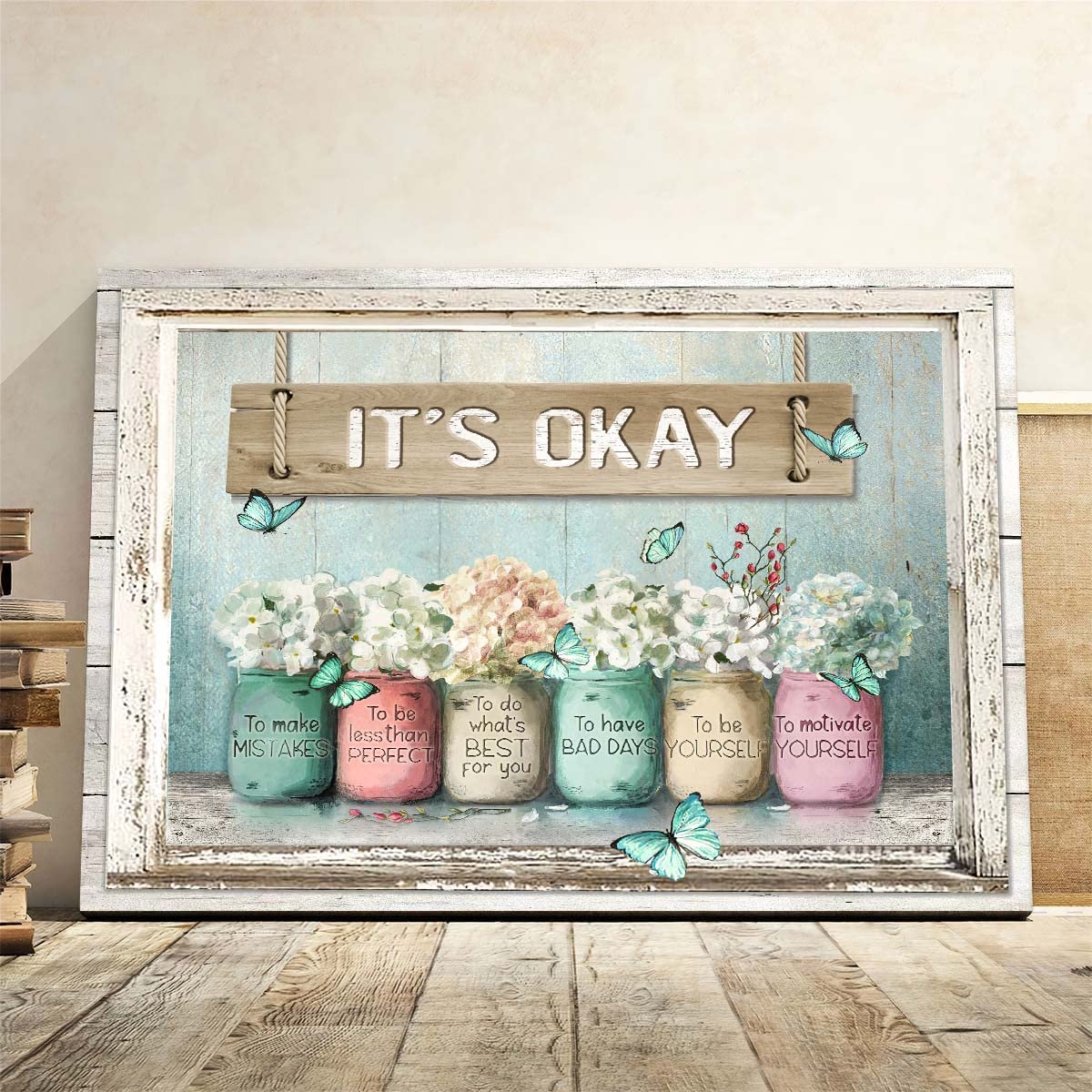 Inspiring Bible Verse Canvas Wall Art - 'It's Okay' Motivational Decor with Mason Jars & Butterflies on Teal Background - Perfect for Bedroom, Bathroom, Office & Home Decor (16x20 Inches) - Great for Stress Relief, Meditation Spaces & Christian Gift Giving