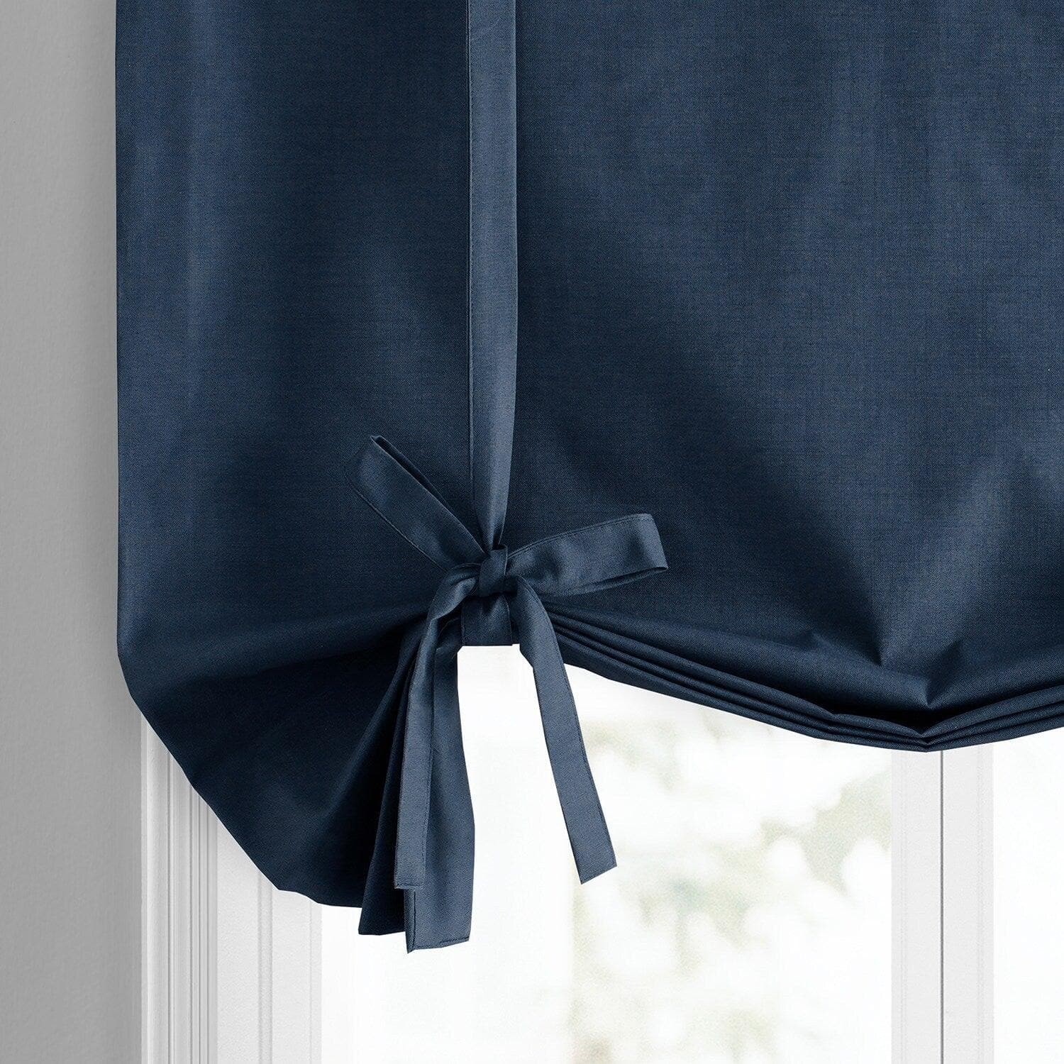 Noble Navy Dune Textured Solid Cotton Blackout Tie-Up Window Shade for Bedroom & Living Room - Light Blocking Curtain Panel for Home Decor