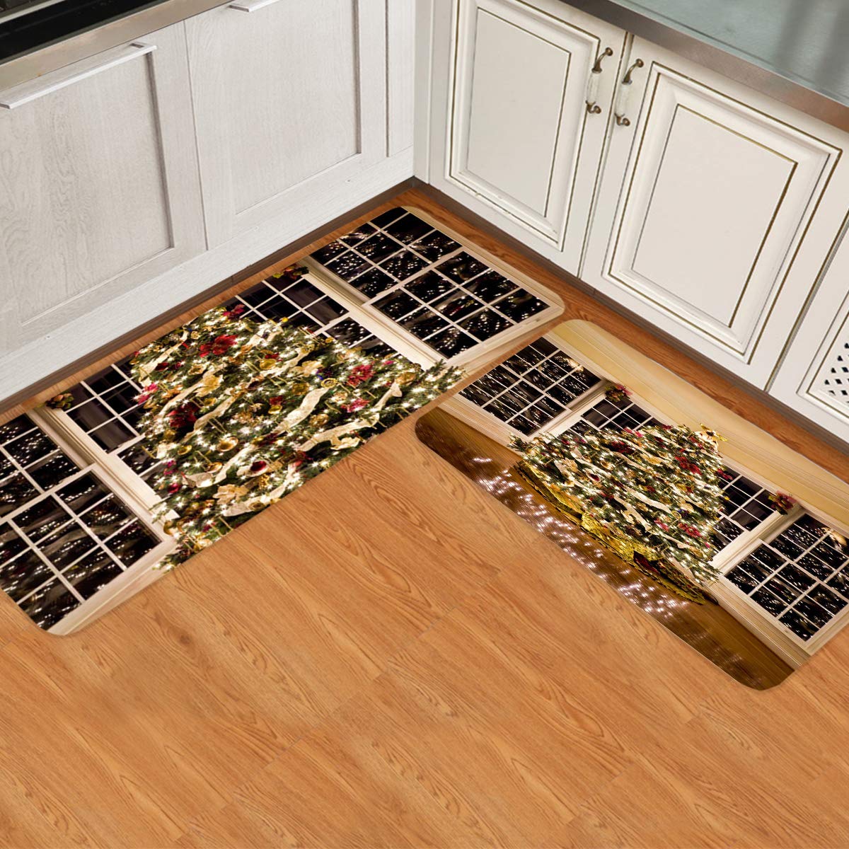 2-Piece Non-Slip Christmas Kitchen Rugs with Rubber Backing - Soft Cushioned Standing Mats for Sink & Stove Area - Holiday Xmas Tree Design for Festive Home Decor