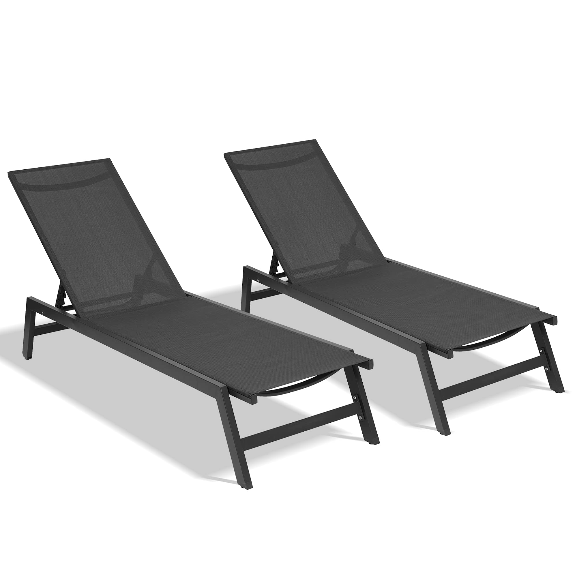 2-Piece Outdoor Chaise Lounge Chairs Set - 5-Position Adjustable Aluminum Recliners with All-Weather Black Fabric & Grey Frame - Perfect for Patio, Beach, Yard, Poolside Relaxation & Sunbathing