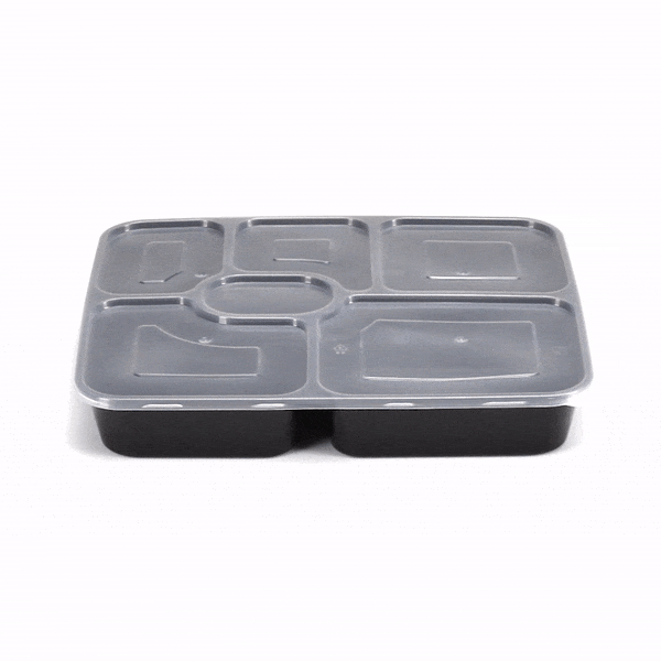 53 oz Black Plastic 6-Compartment Food Storage Container with Clear Lid - Microwave Safe (9.75