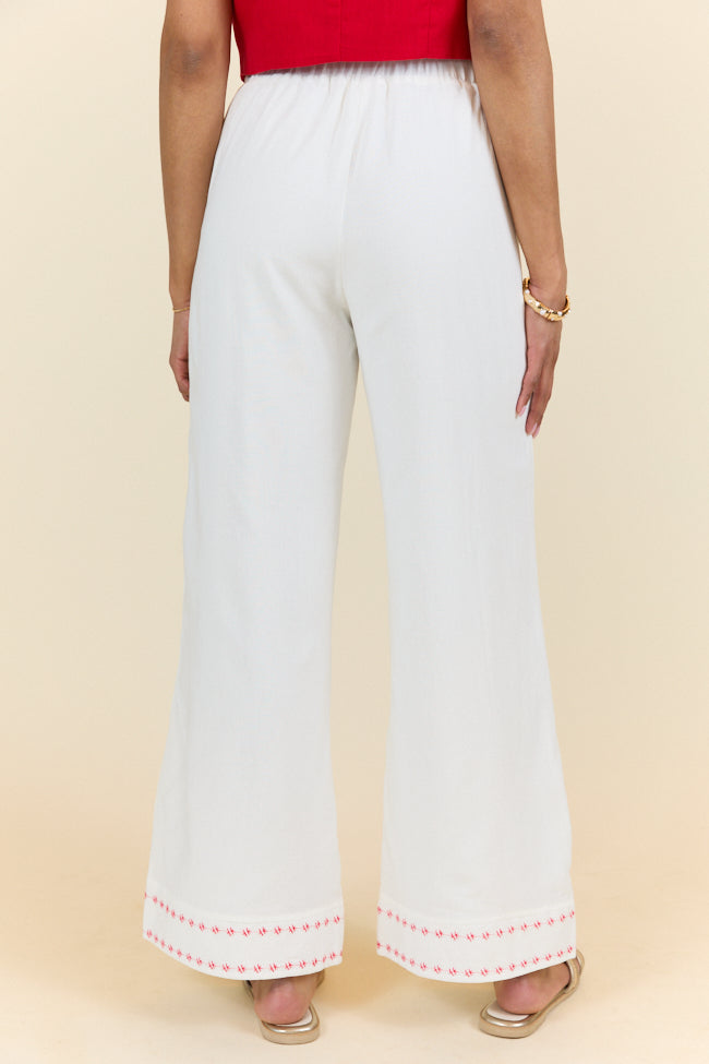 Just Feels Right Off-White Embroidered Pants for Women - High Waisted Comfort Stretch Fabric - Limited Time Final Sale | Perfect for Casual Outfits, Streetwear & Summer Fashion