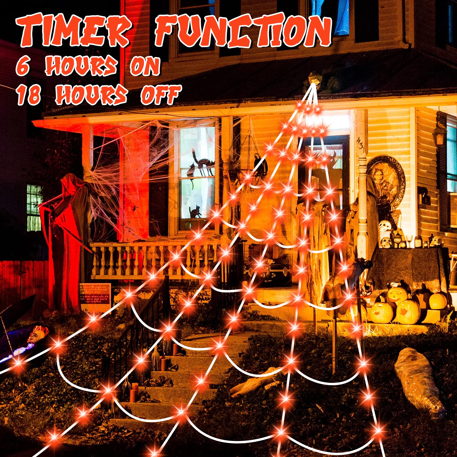 150 LED Halloween Spider Web Lights - 16.4 Ft Giant Lighted Web Decor with 8 Lighting Modes, Waterproof & Timer for Outdoor Indoor Yard, Haunted House, Party Decorations (Orange) - Perfect for Halloween, Fall Festival, and Spooky Themed Events