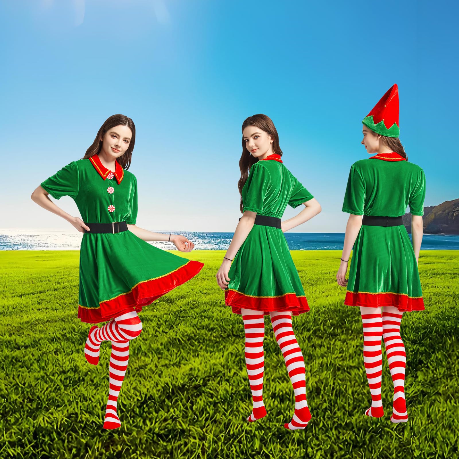 Festive Christmas Elf Costume Set for Women - Green Dress, Red Striped Stockings, Elf Hat & Belt (Sizes S-XL) | Holiday Party Outfit, Cosplay, Themed Events