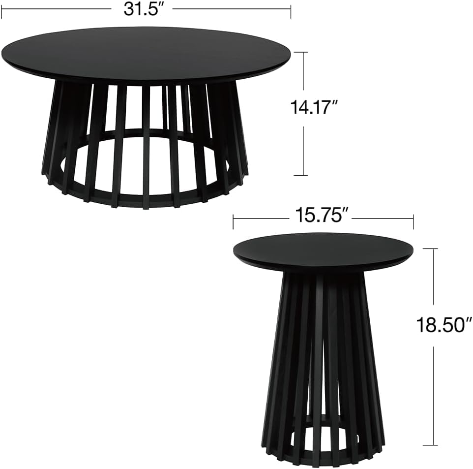 Modern Round Wood Coffee Table & Nesting End Table Set of 2 - Farmhouse Style Circle Side Tables for Small Spaces - Perfect for Living Room, Apartment, Bedroom (Black) | Compact Furniture Solution for Cozy Home Decor & Space-Saving Needs