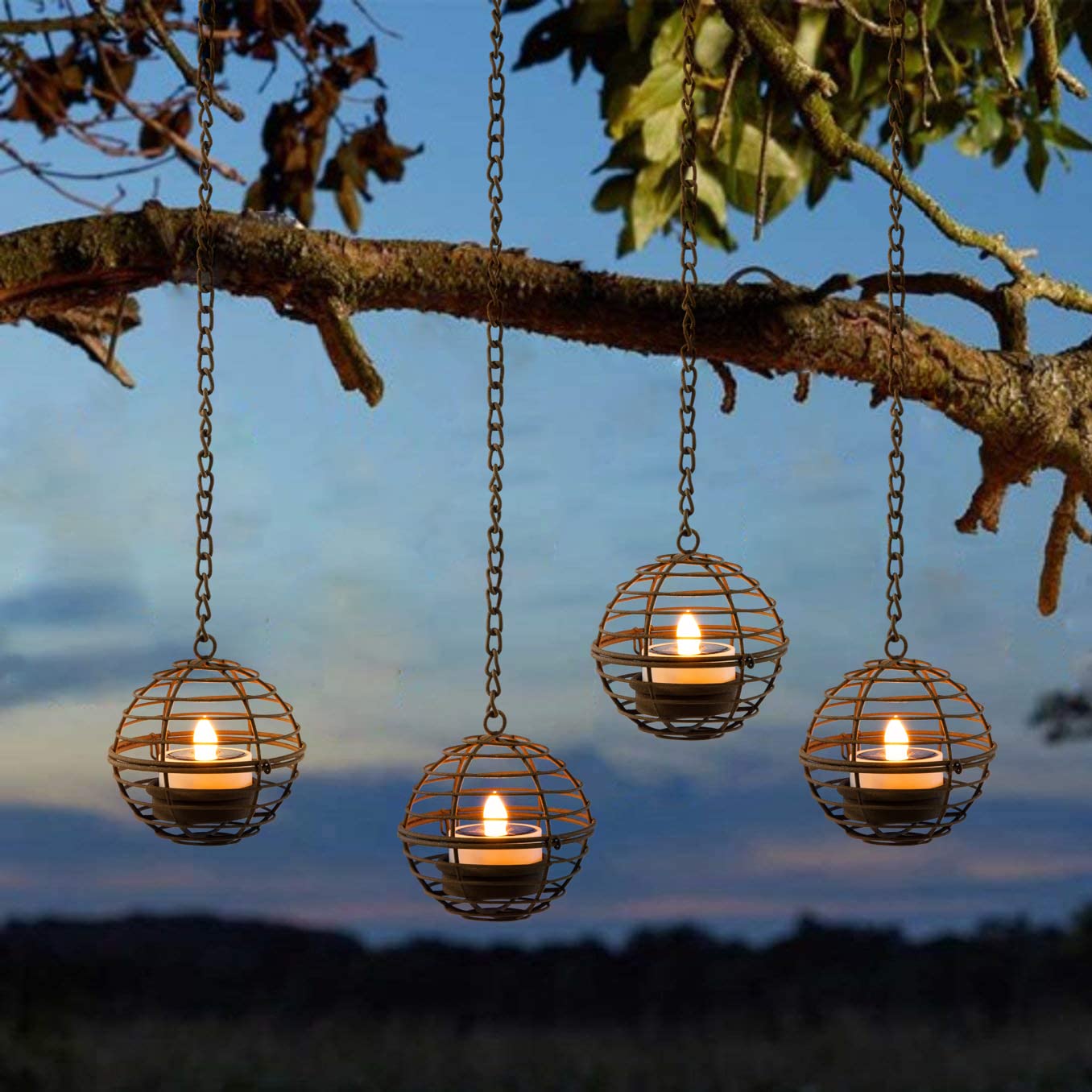 Solar Powered Hanging Lanterns Outdoor - Waterproof Rustic Iron Ball Candle Holders with Flickering LED Tea Lights - 4 Pack Solar Lights for Garden, Patio, Fence & Tree Decor - Perfect for Backyard Parties, Weddings & Holiday Decorations