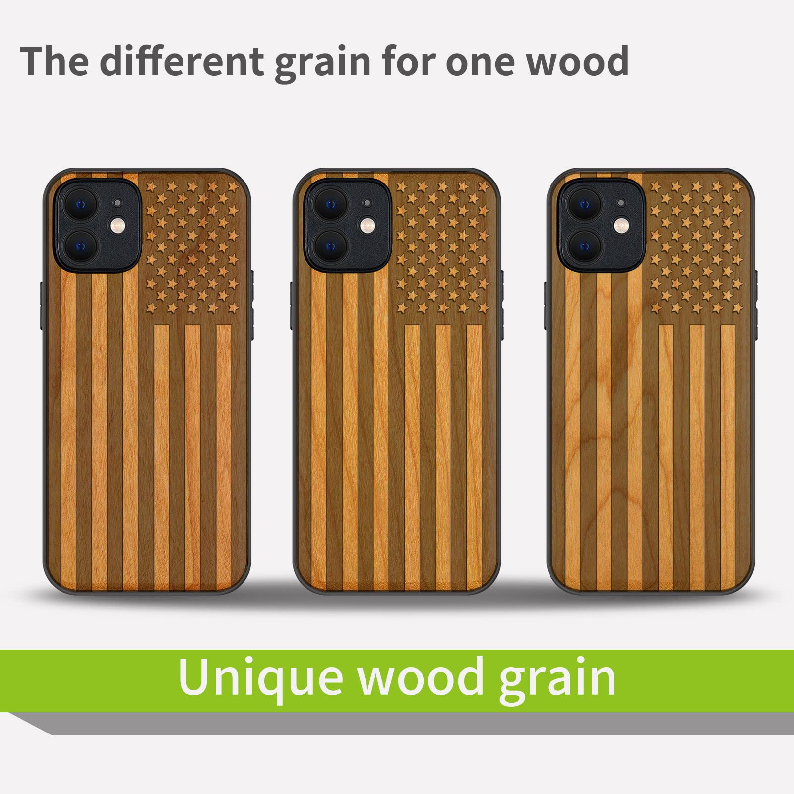 Carveit Magnetic Wood Case for iPhone 12 - Natural Wood & Black TPU Shockproof Protective Cover with Magsafe Compatibility (American Flag Cherry Design) - Durable Wooden Phone Case for Everyday Use, Office & Outdoor Protection