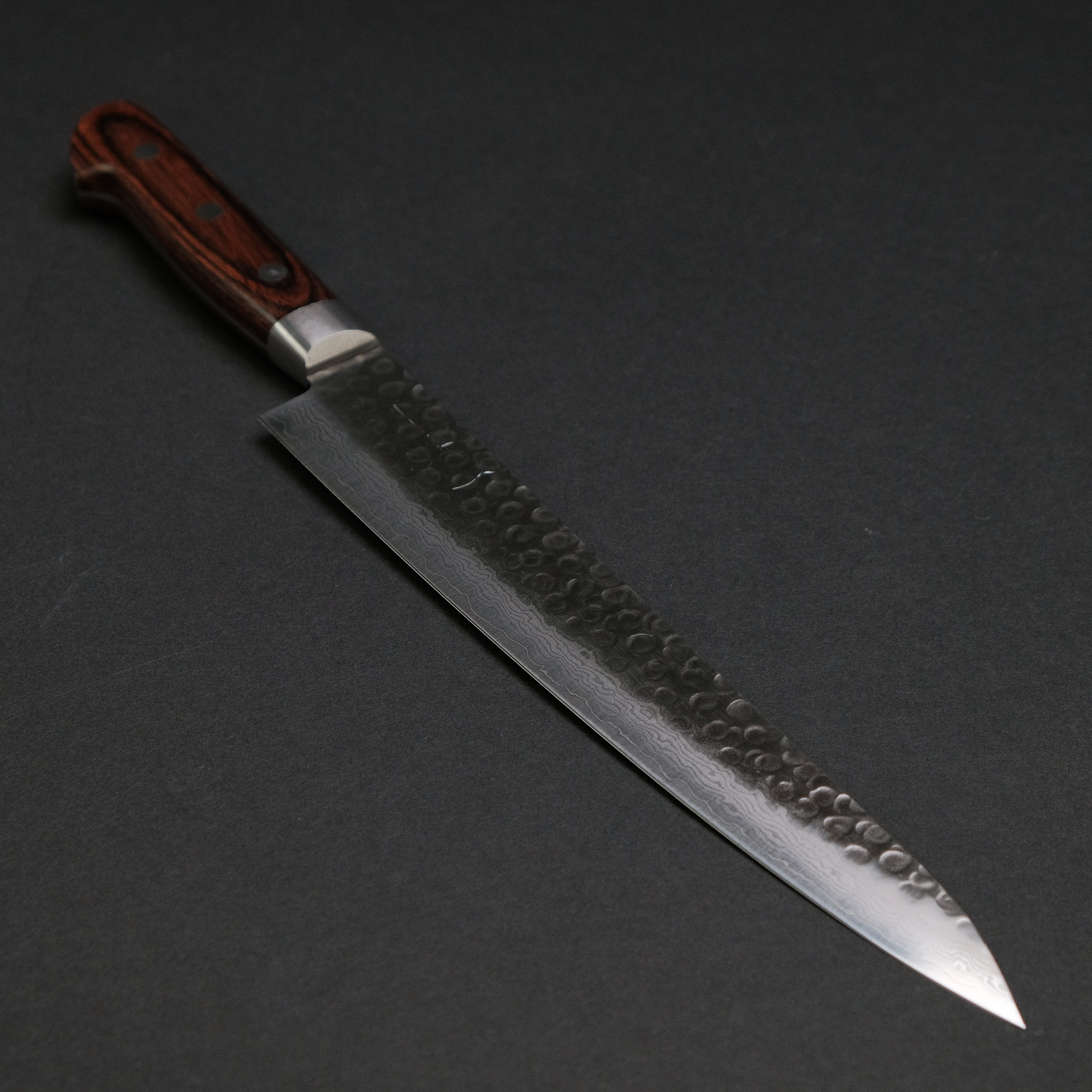 Hitohira HG Tsuchime Damascus Sujihiki 240mm Japanese Chef Knife - Hand-Forged Carbon Steel Blade with Imitation Mahogany Handle - Perfect for Slicing Sashimi, Roasts & Delicate Proteins