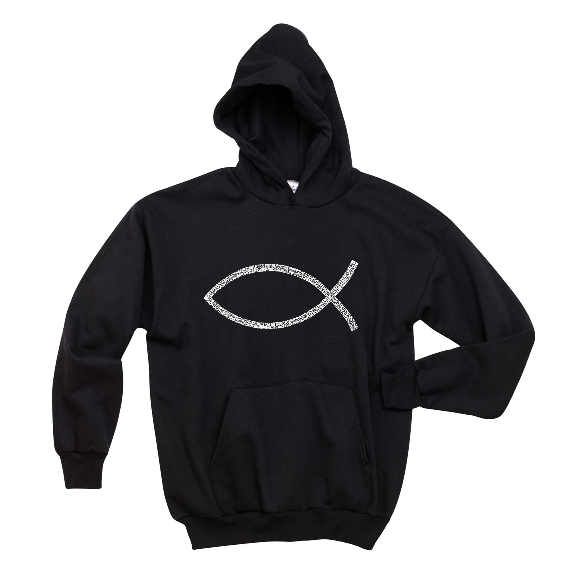 LA POP ART Women's Jesus Fish Word Art Hooded Sweatshirt - Trendy Graphic Pullover for Casual Wear, Church Outings & Christian Fashion
