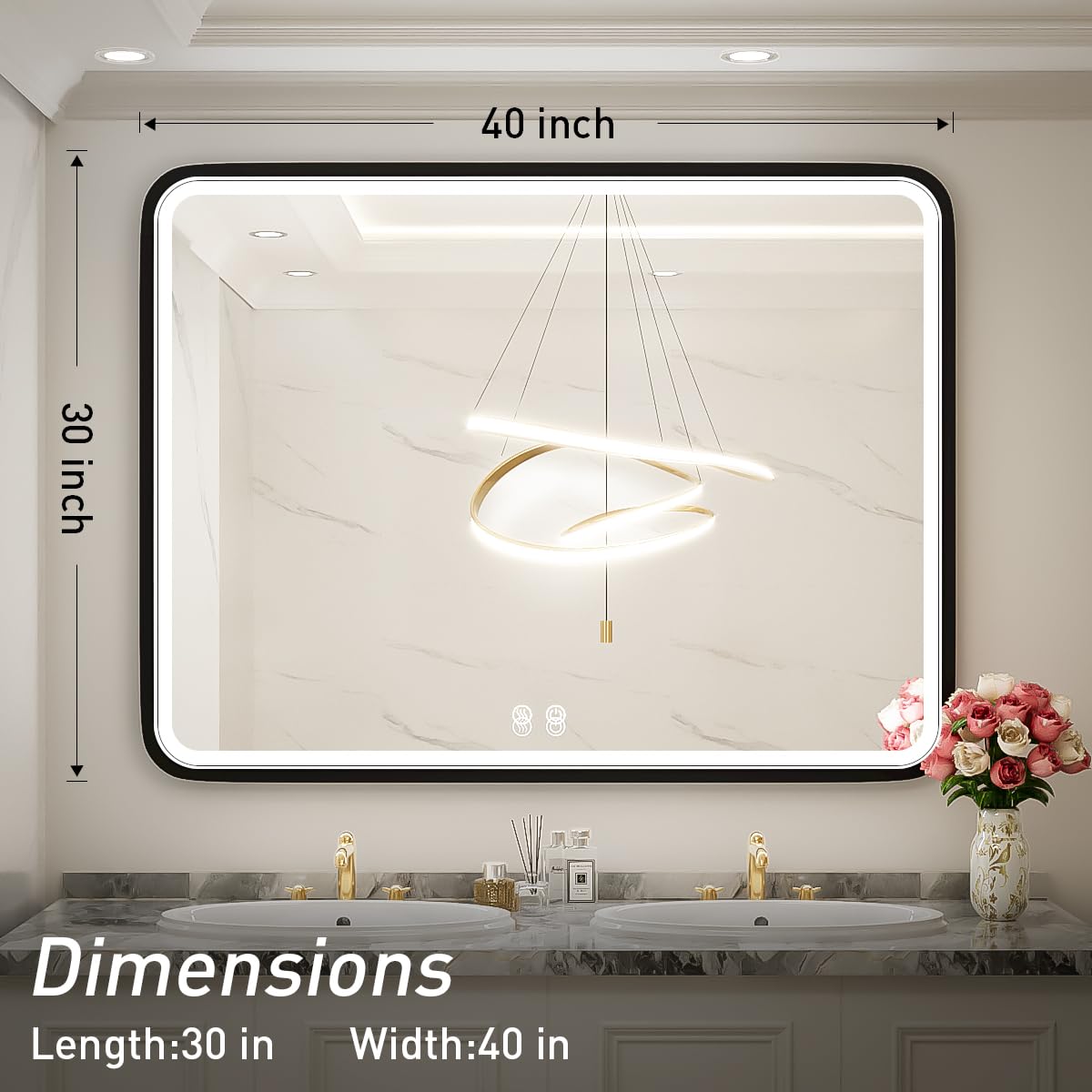 40x30 Inch LED Bathroom Mirror with Anti-Fog & Dimmable Touch Control - Modern Metal Frame Vanity Mirror for Wall Mount (Horizontal/Vertical) - Perfect for Makeup, Shaving & Home Decor Lighting