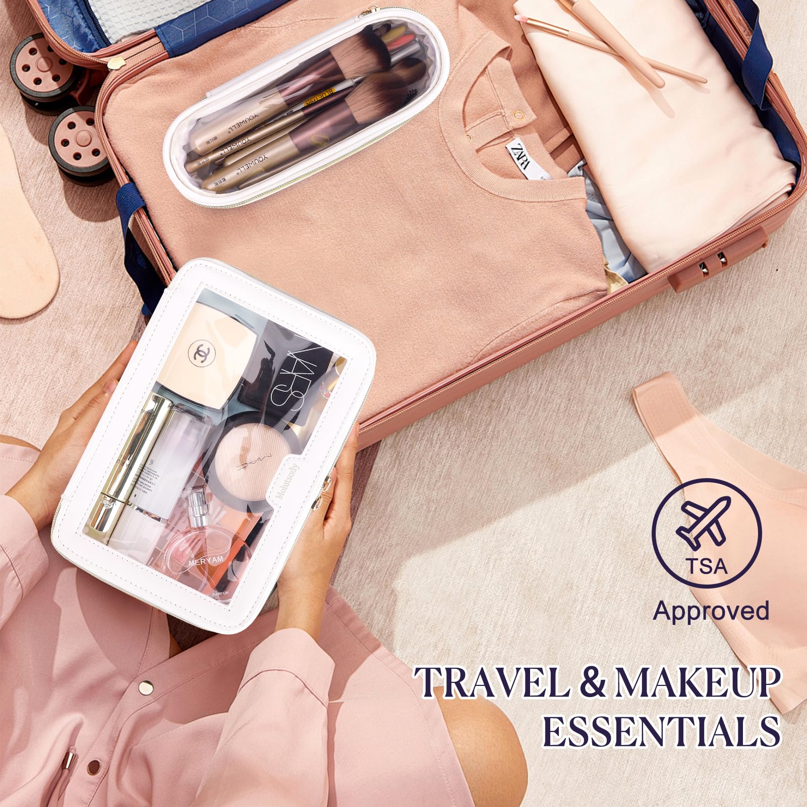 Clear Travel Makeup Bag for Women - Waterproof Cosmetic & Toiletry Organizer Case with Multiple Pockets, Portable Carry-on Essentials Storage (White) - Perfect for Airplane Travel, Gym, Beach & Daily Use