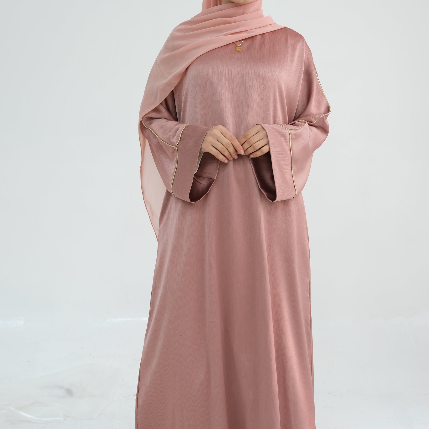 Elegant Ayana Textured Piping Detail Abaya Dress - Pink Modest Islamic Clothing for Women | Perfect for Prayer, Mosque & Special Occasions