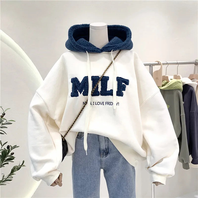 Women's Fashion Patchwork Sweatshirt - Autumn Winter Casual Loose Fit Thick Letter Print Long Sleeve Hoodie - Streetwear Style for Daily Wear & Outdoor Activities