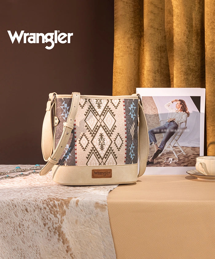 Wrangler Aztec Print Canvas Bucket Bag for Women - Stylish Crossbody Purse with Adjustable Strap, Perfect for Travel, Shopping & Everyday Use