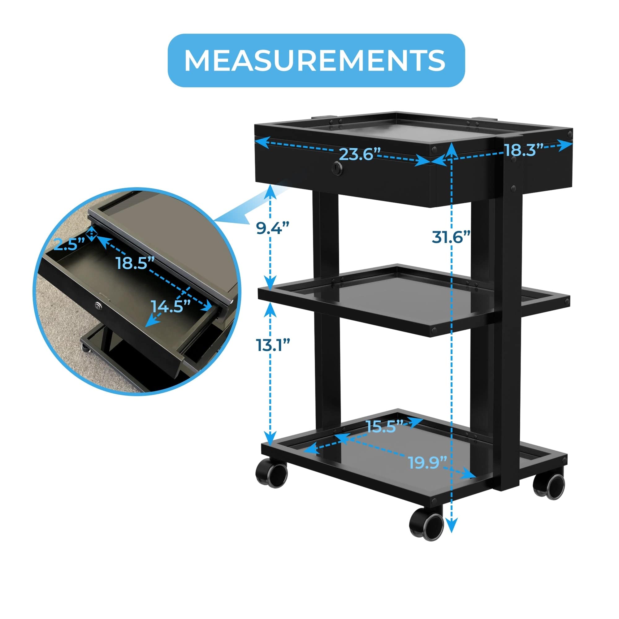 Premium 3-Tier Glass Beauty Trolley with Locking Drawer - Professional Salon Organizer for Makeup, Nail & Hair Tools (1040A) - Perfect for Salon, Spa & Home Beauty Stations