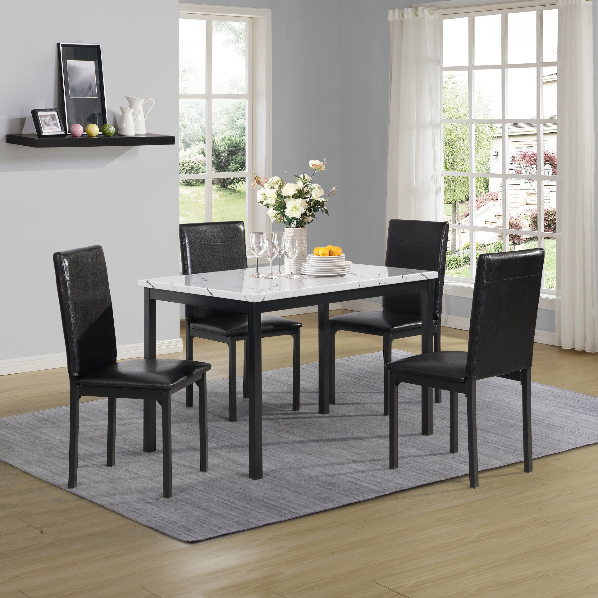 Roundhill Furniture Citico 5-Piece Metal Dinette Set - White Faux Marble Table with Black Chairs for Kitchen & Dining Room | Durable Laminated Surface for Family Meals & Entertaining