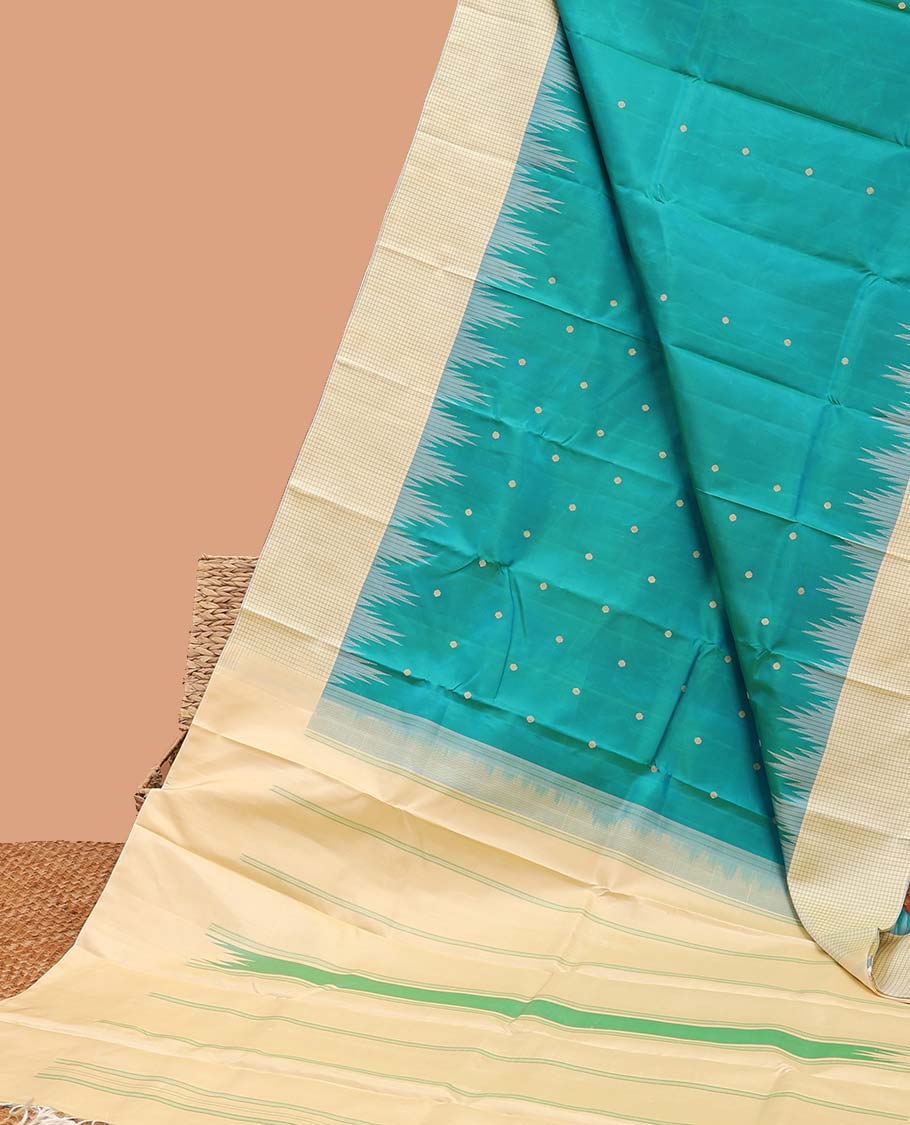 Blue Buttas Kanchipuram Silk Saree with Contrast Rekku Border - Checked Design & Striped Pallu for Weddings, Festivals and Special Occasions