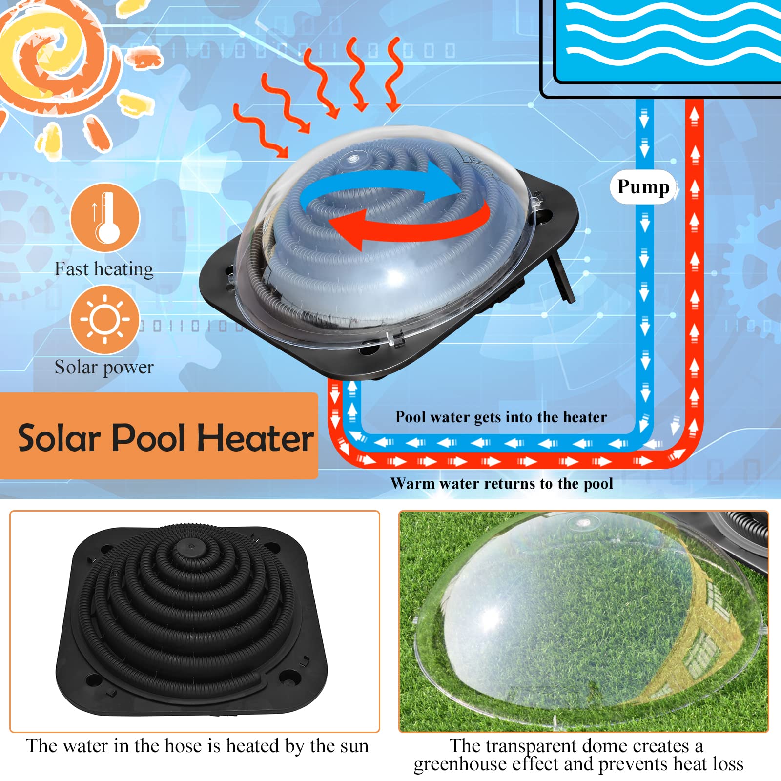 Goplus Solar Dome Swimming Pool Heater - Above Ground & Inground Pool Warmer with Hose Connector - Energy Efficient Outdoor Pool Heating Equipment for Backyard, Garden & Patio Use