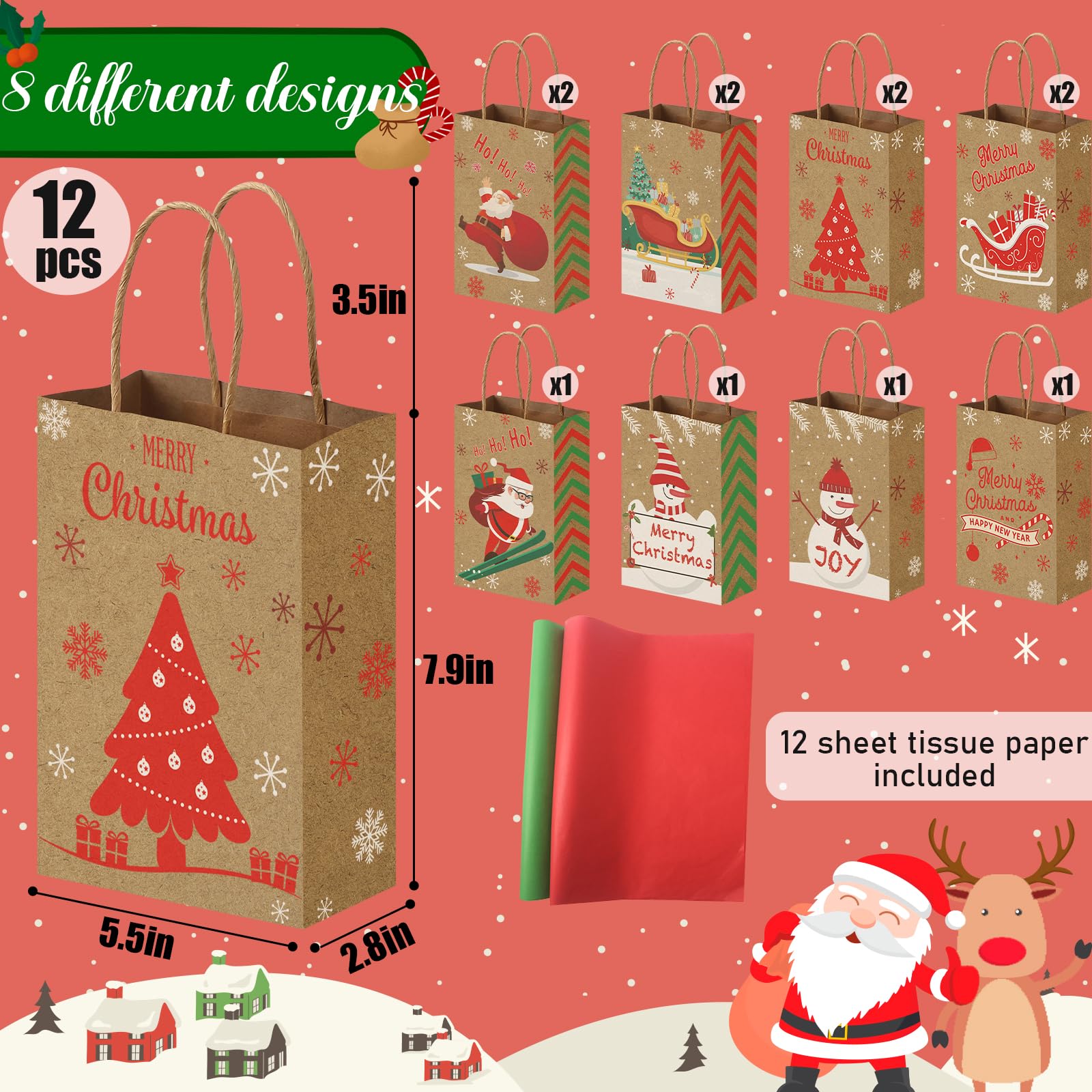 VGOODALL 12PCS Christmas Gift Bags with Tissue Paper - Holiday Treat Bags with Handles for Christmas Party Favors, Gift Exchange & Holiday Celebrations - Perfect for Classroom Gifts, Office Parties & Family Gatherings