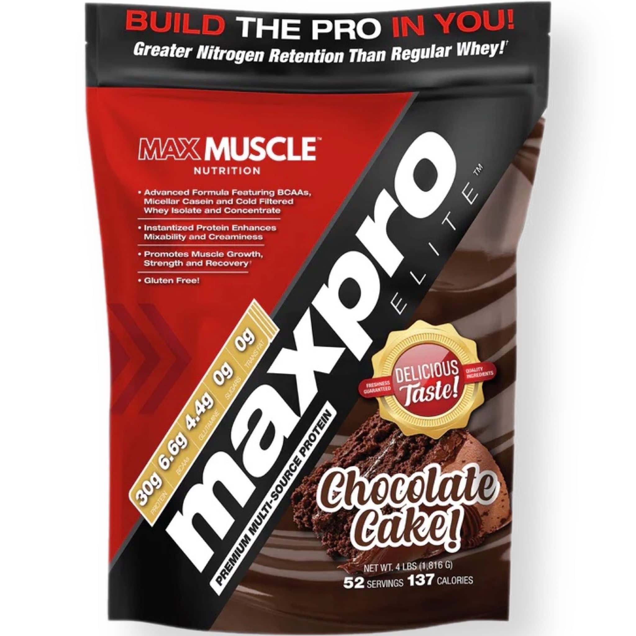 Maxpro Elite Premium Multi-Source Protein Powder - 4LB Chocolate Cake Flavor | BCAA, Micellar Casein, Whey Isolate & Concentrate Blend | Muscle Growth, Strength & Recovery Supplement | Ideal for Post-Workout, Meal Replacement & Fitness Nutrition
