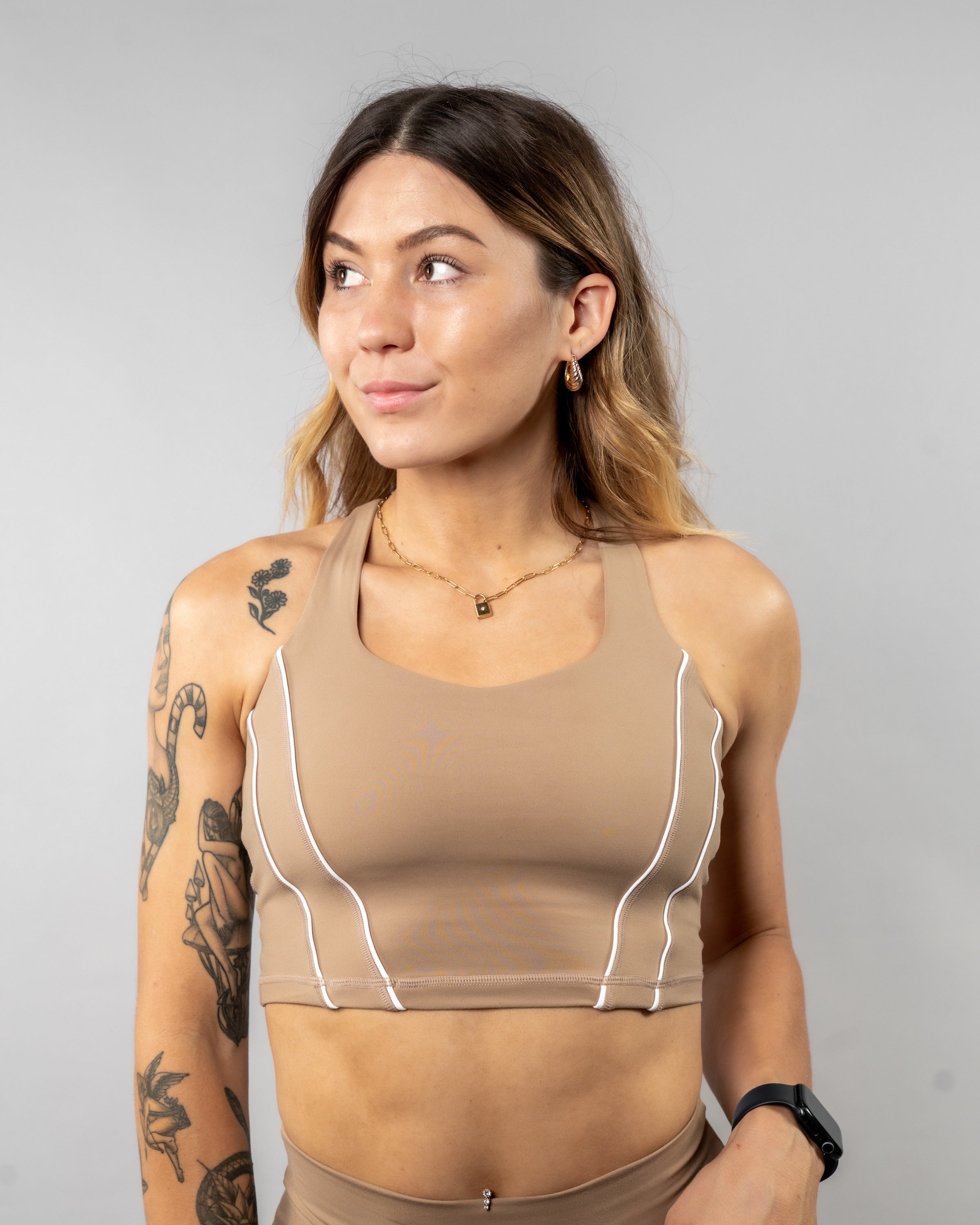 Vintage Retro Caliber Crop Tank Top - Soft Cotton Women's Casual Tee in Tan | Perfect for Summer Outfits, Music Festivals & Boho Style